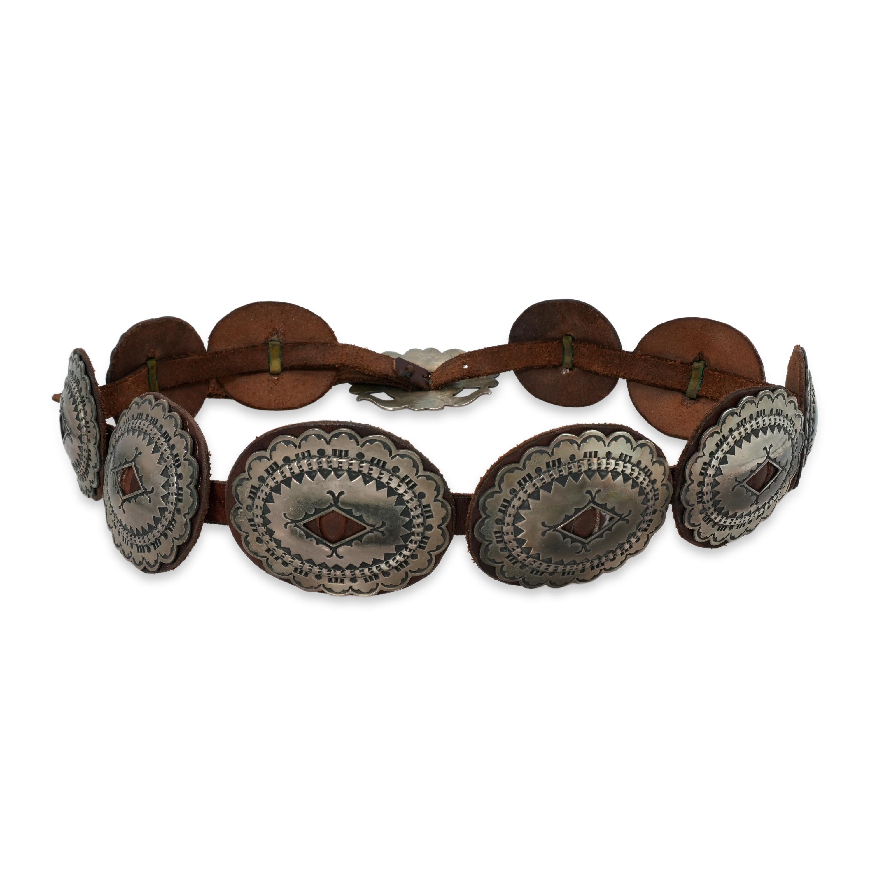 Southwestern Sterling Silver Stamped Scalloped Leather Concho Belt