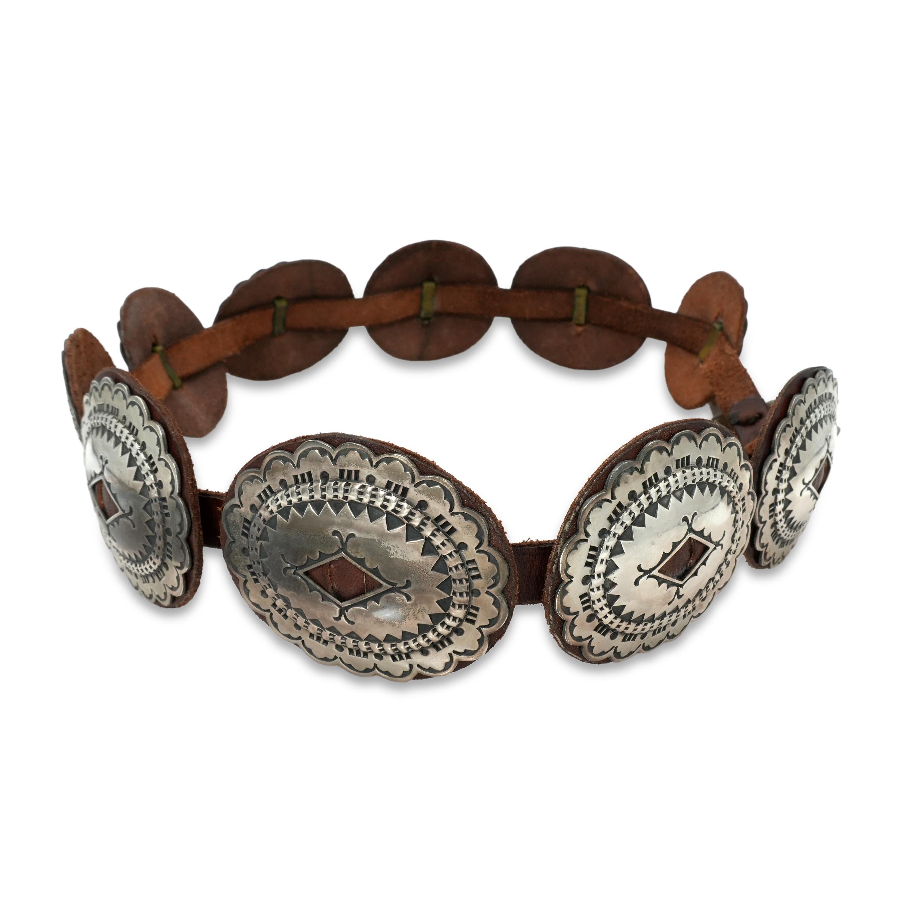 Southwestern Sterling Silver Stamped Scalloped Leather Concho Belt