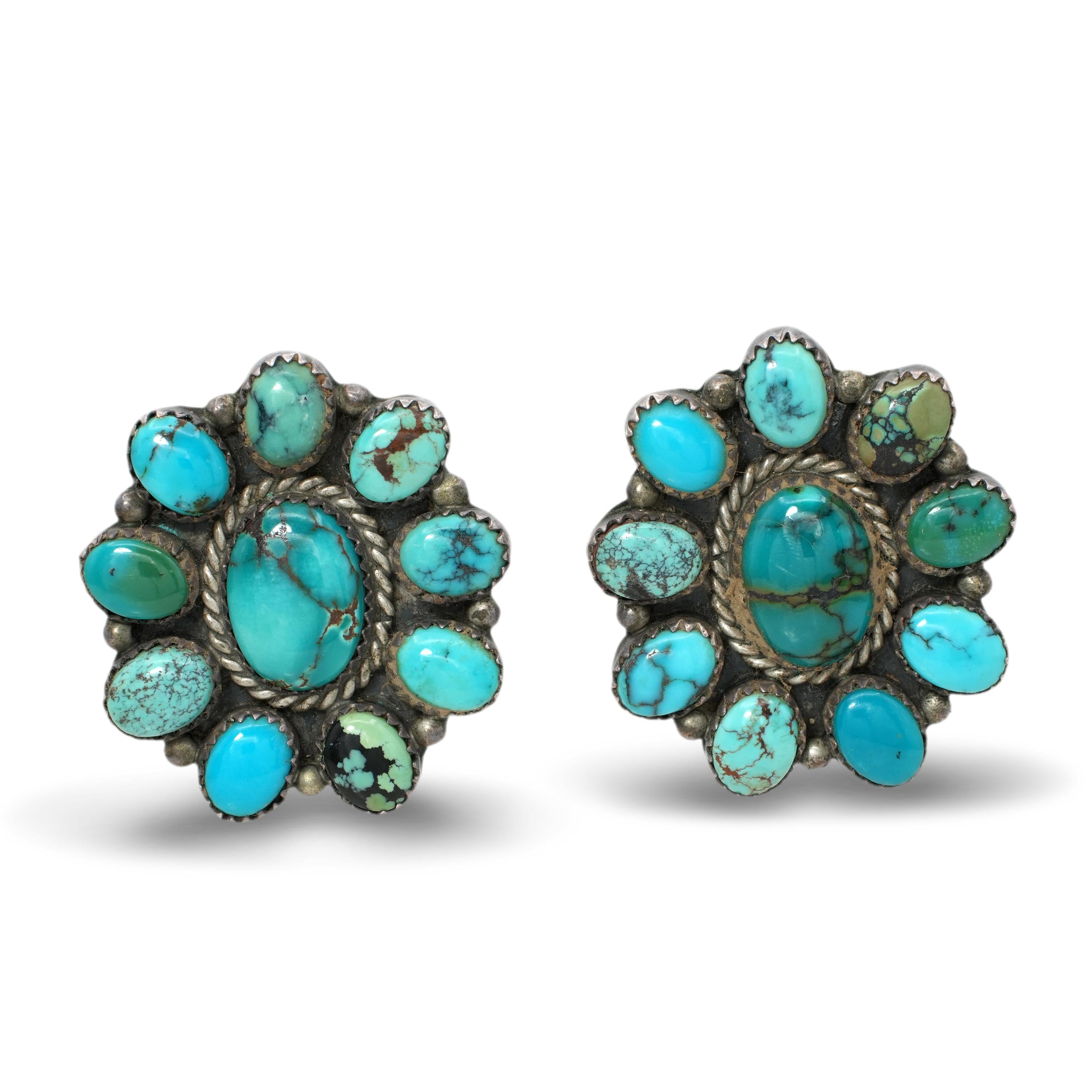 B. Yazzie Navajo Sterling Silver Turquoise Cluster Earrings
