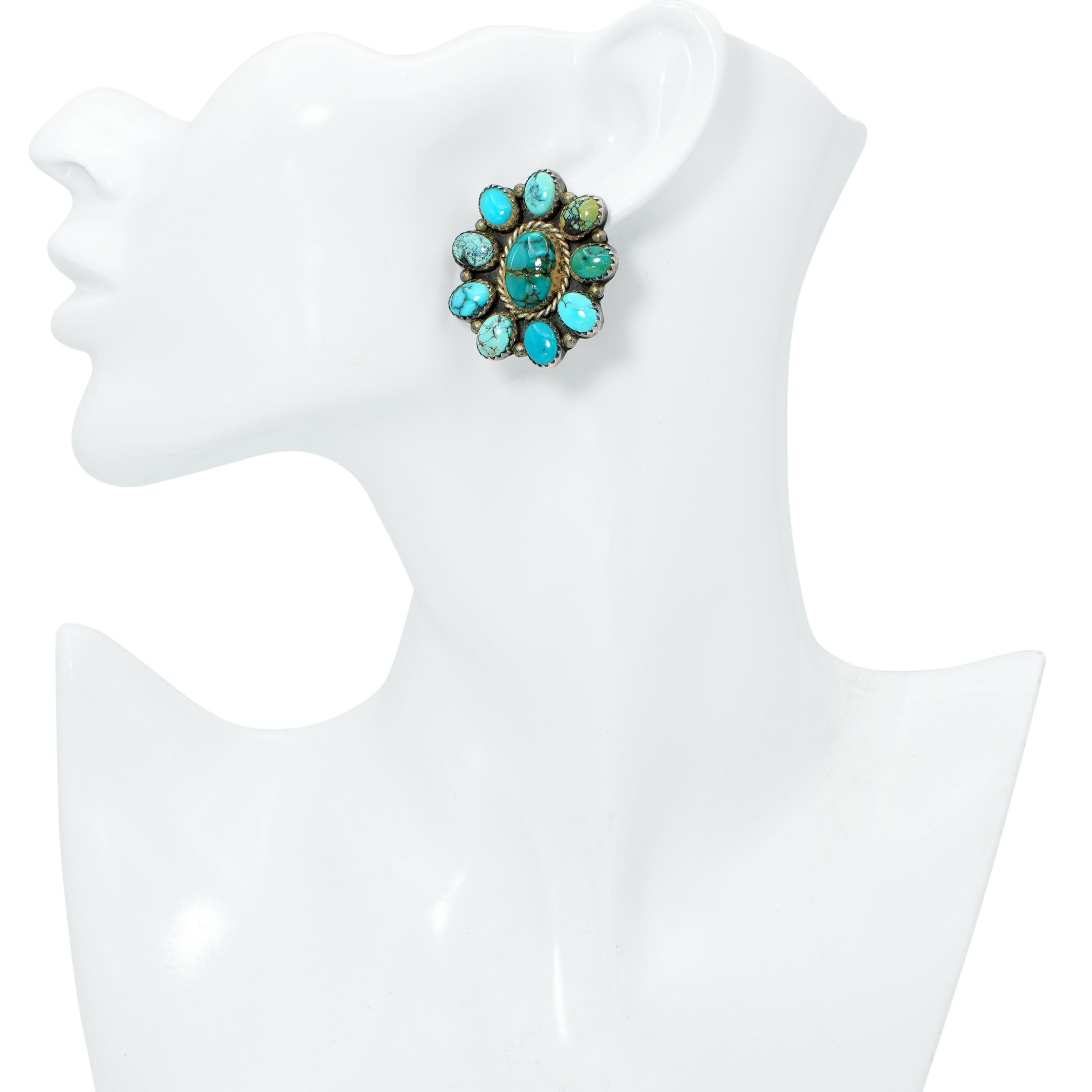 B. Yazzie Navajo Sterling Silver Turquoise Cluster Earrings