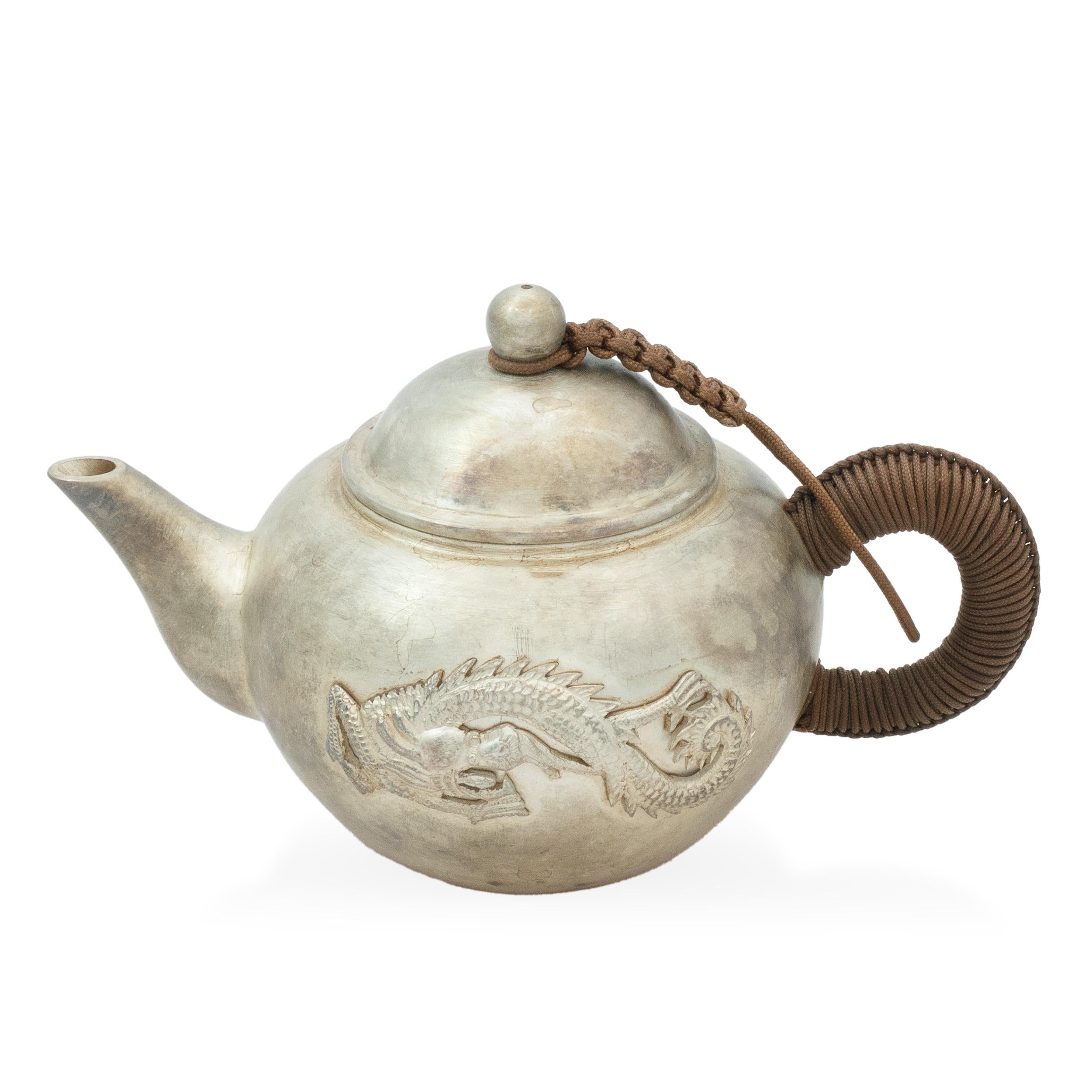 Antique Chinese .999 Fine Silver Dragon and Phoenix Teapot and Tea Utensil