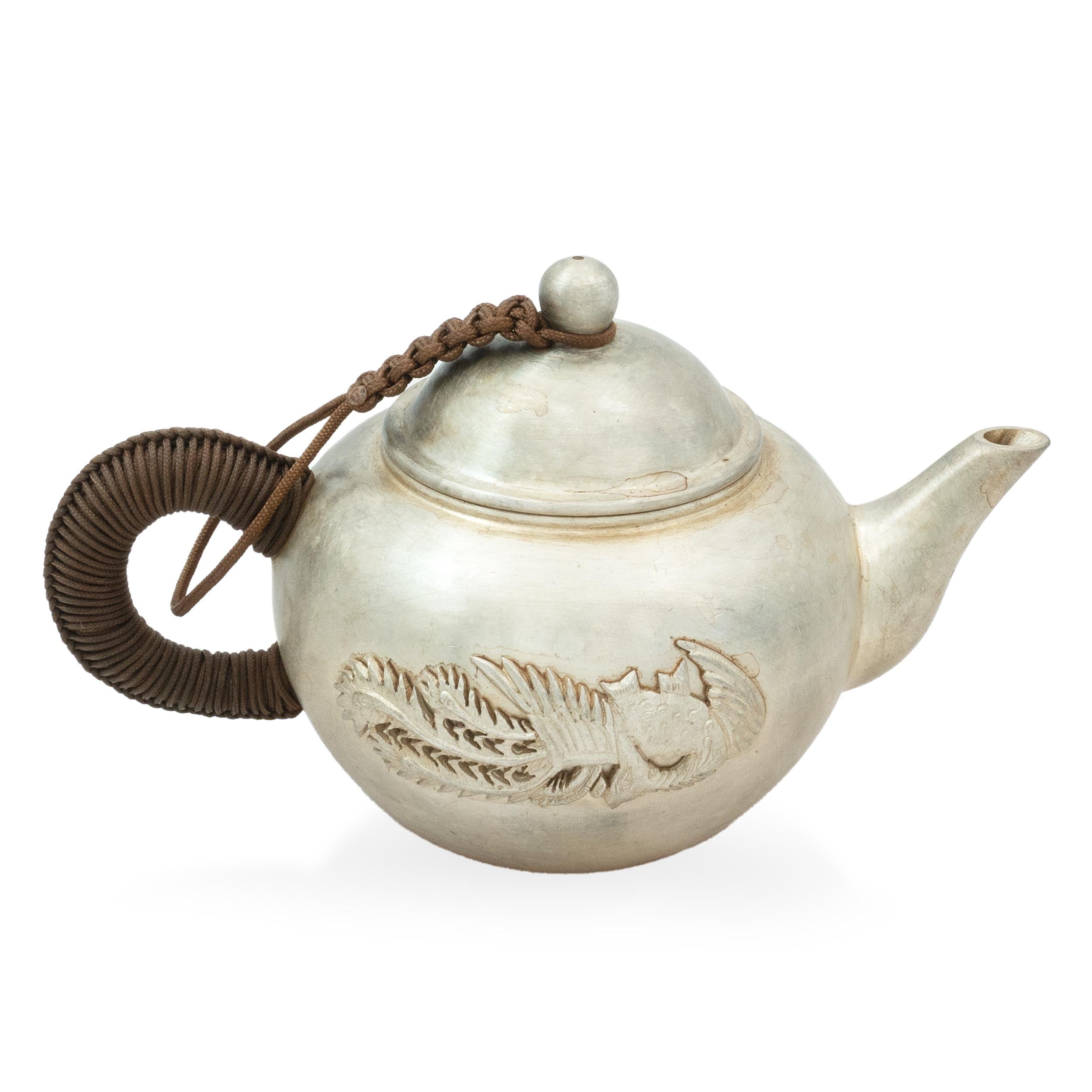 Antique Chinese .999 Fine Silver Dragon and Phoenix Teapot and Tea Utensil