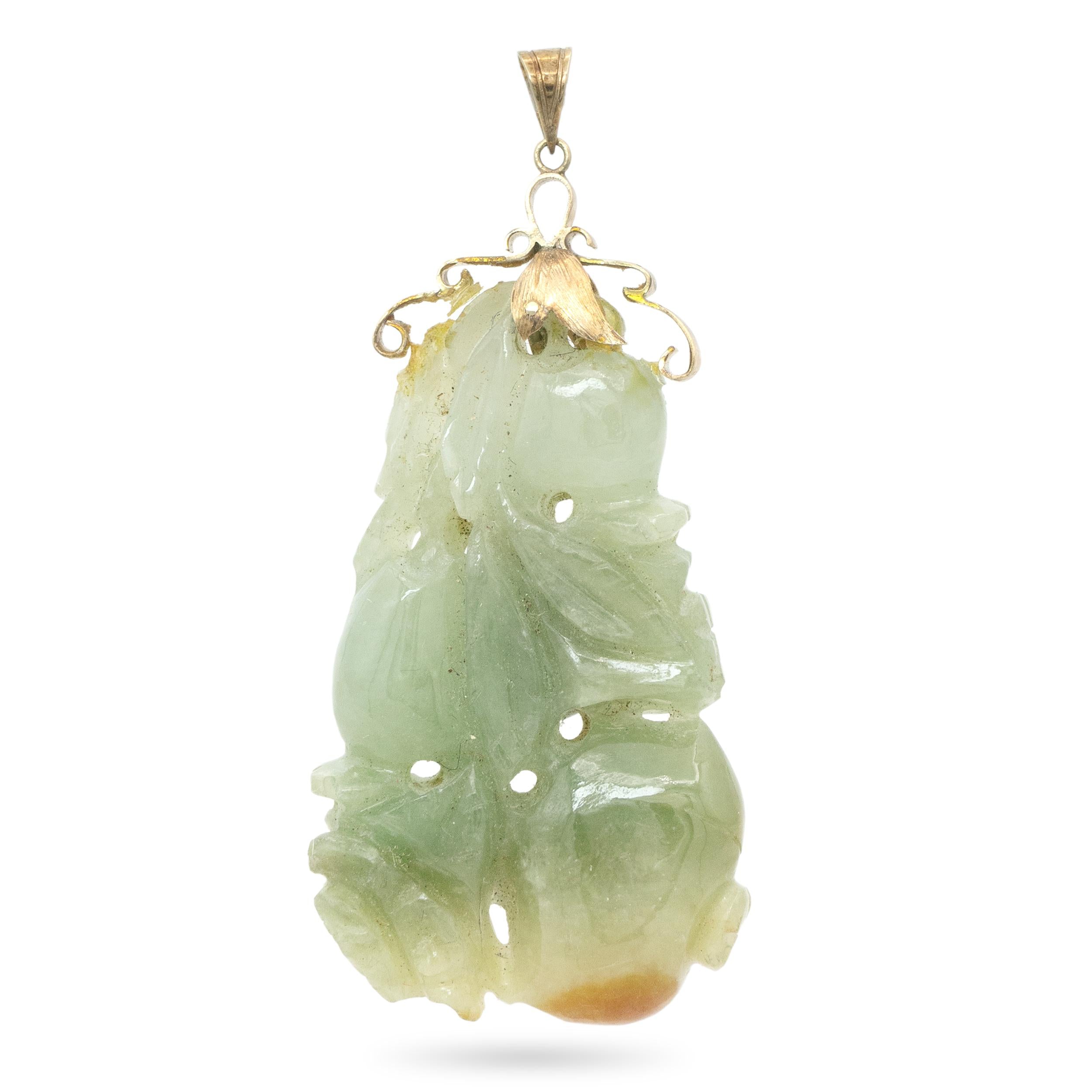 14K Gold Carved Jade Fruit and Foliage Pendant