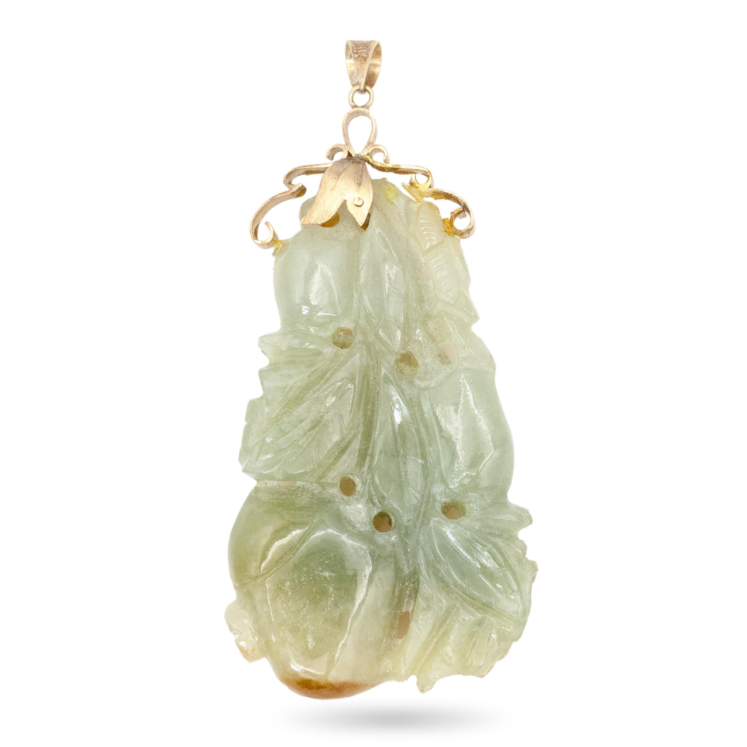 14K Gold Carved Jade Fruit and Foliage Pendant