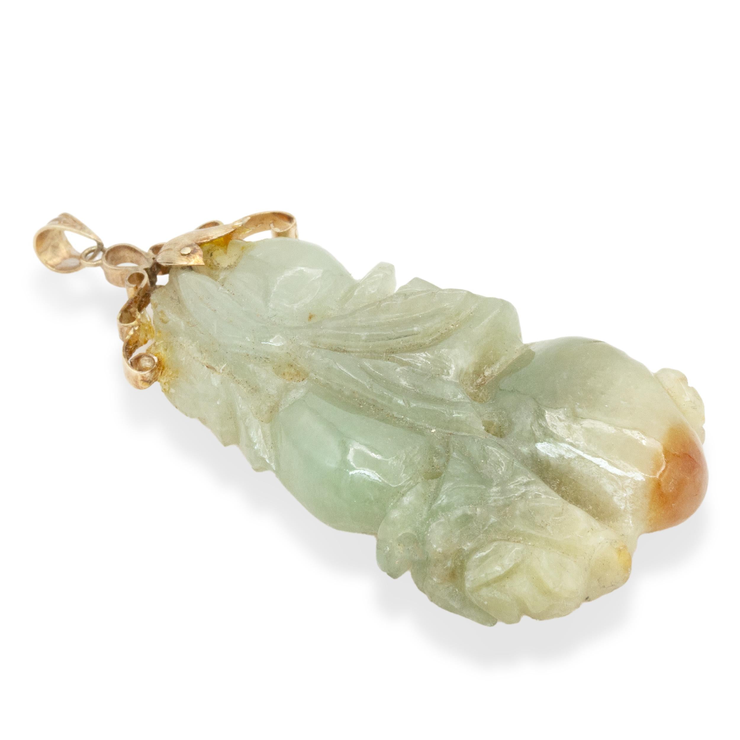 14K Gold Carved Jade Fruit and Foliage Pendant