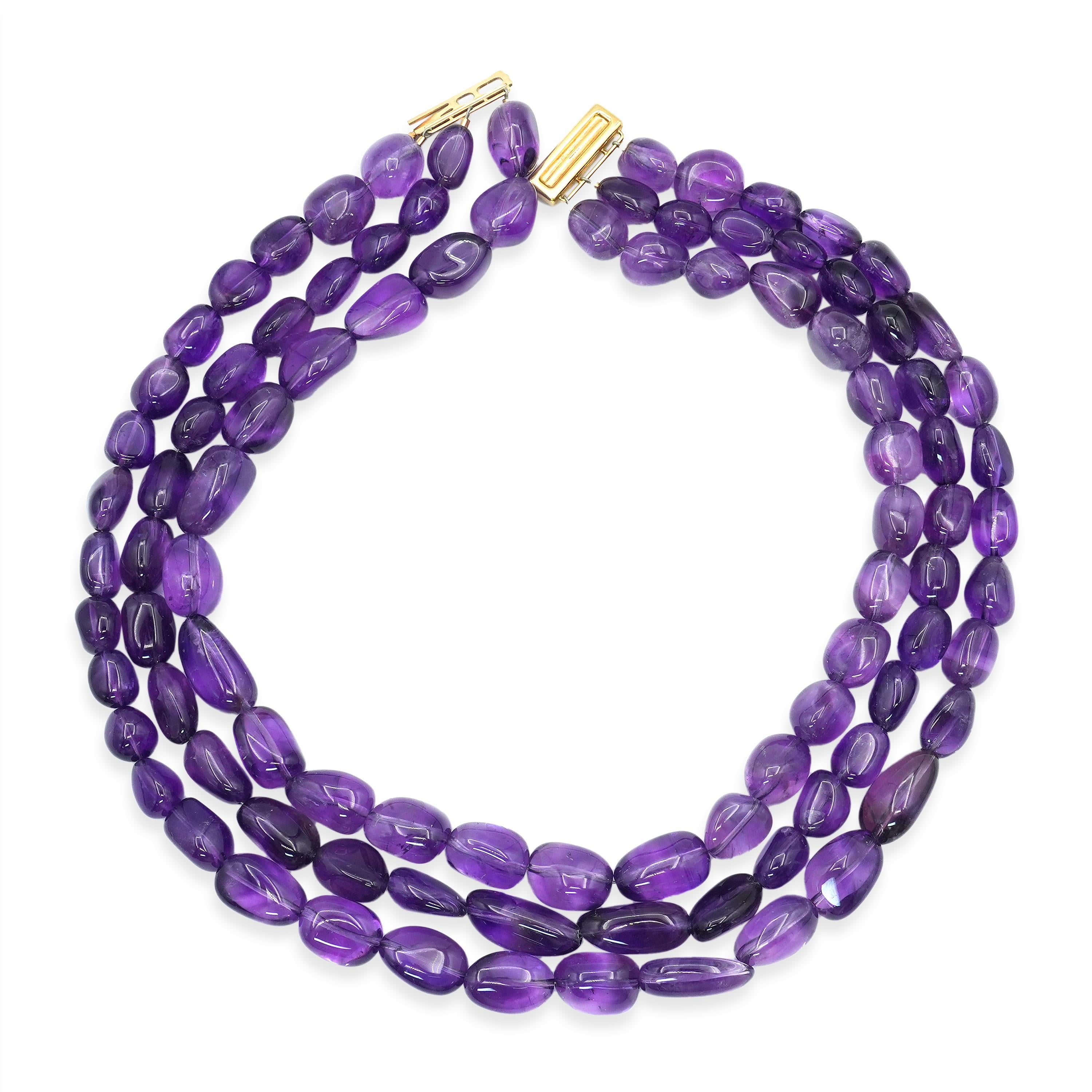 14K Gold Amethyst Three-Strand Beaded Necklace