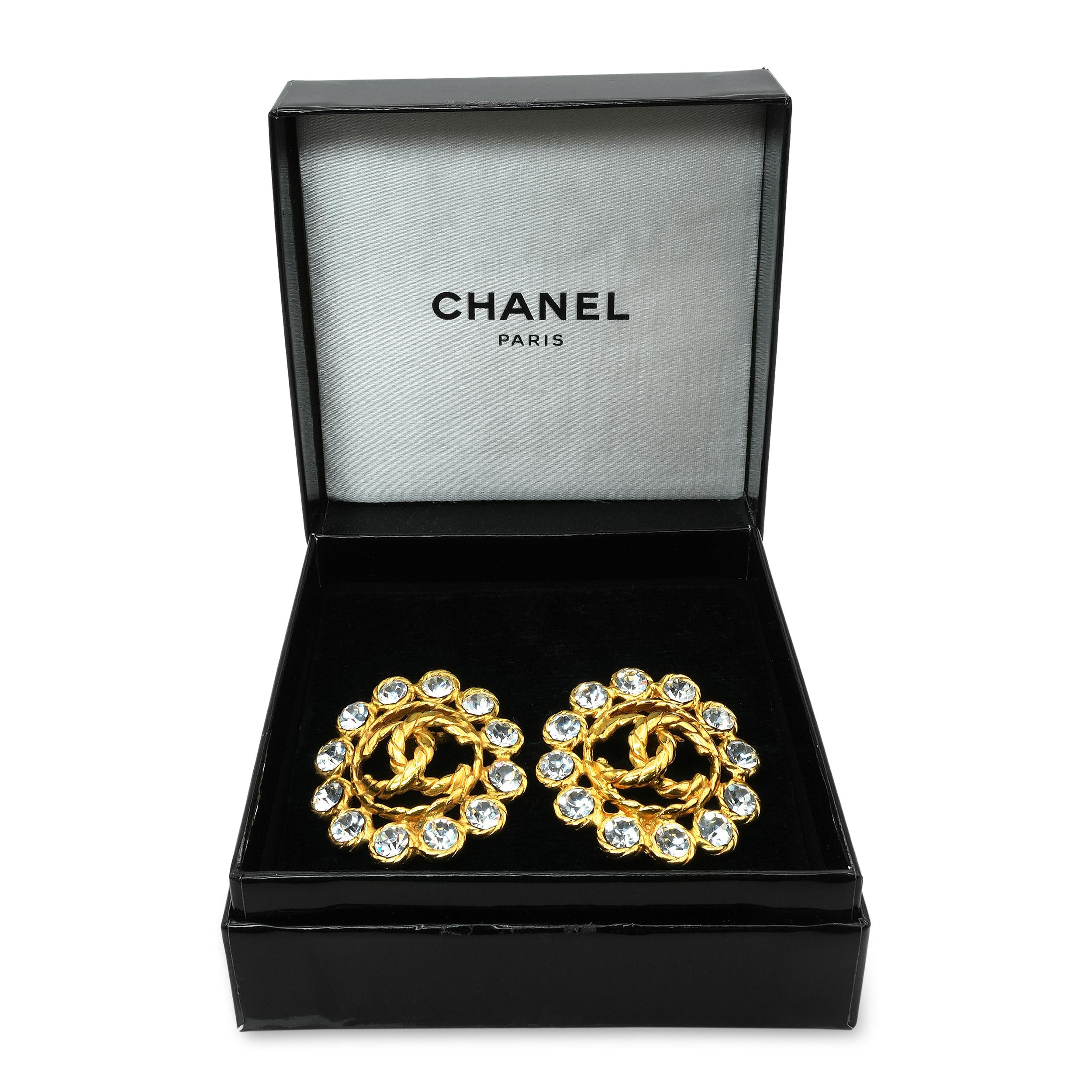 Vintage Chanel Gold-Plated Rhinestone CC Button Clip-On Earrings
