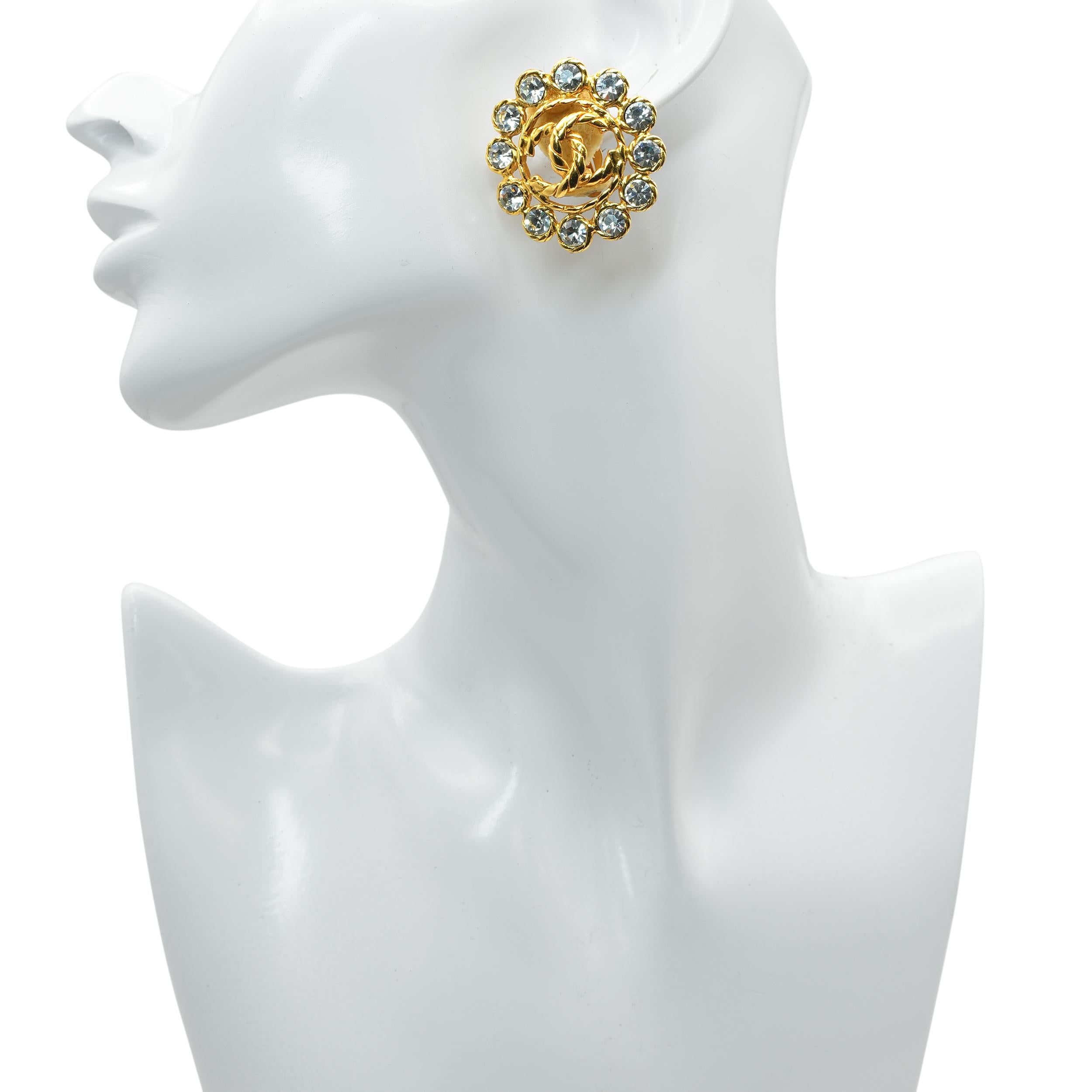 Vintage Chanel Gold-Plated Rhinestone CC Button Clip-On Earrings