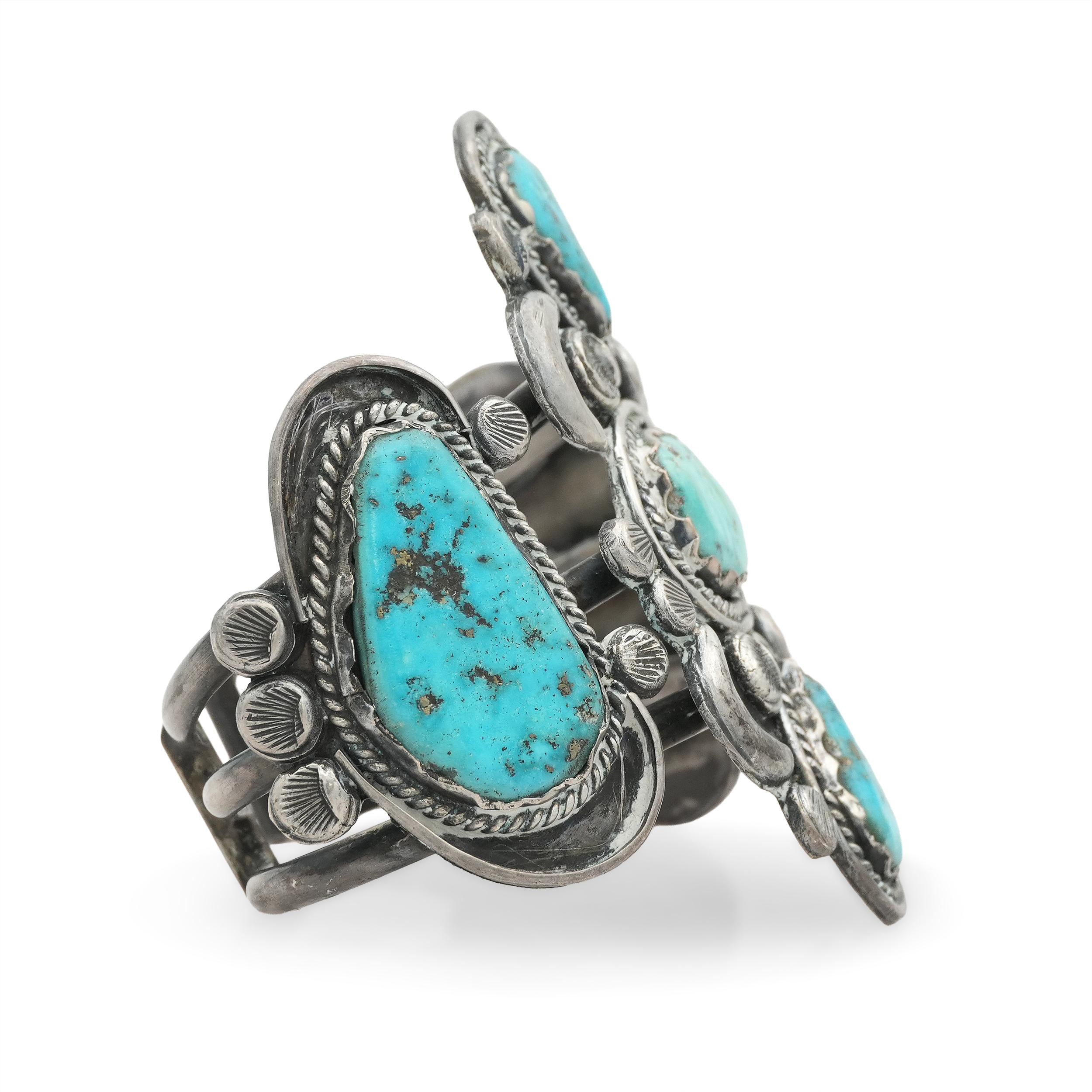 Vintage Navajo 900 Silver Five-Stone Turquoise Cuff Bracelet