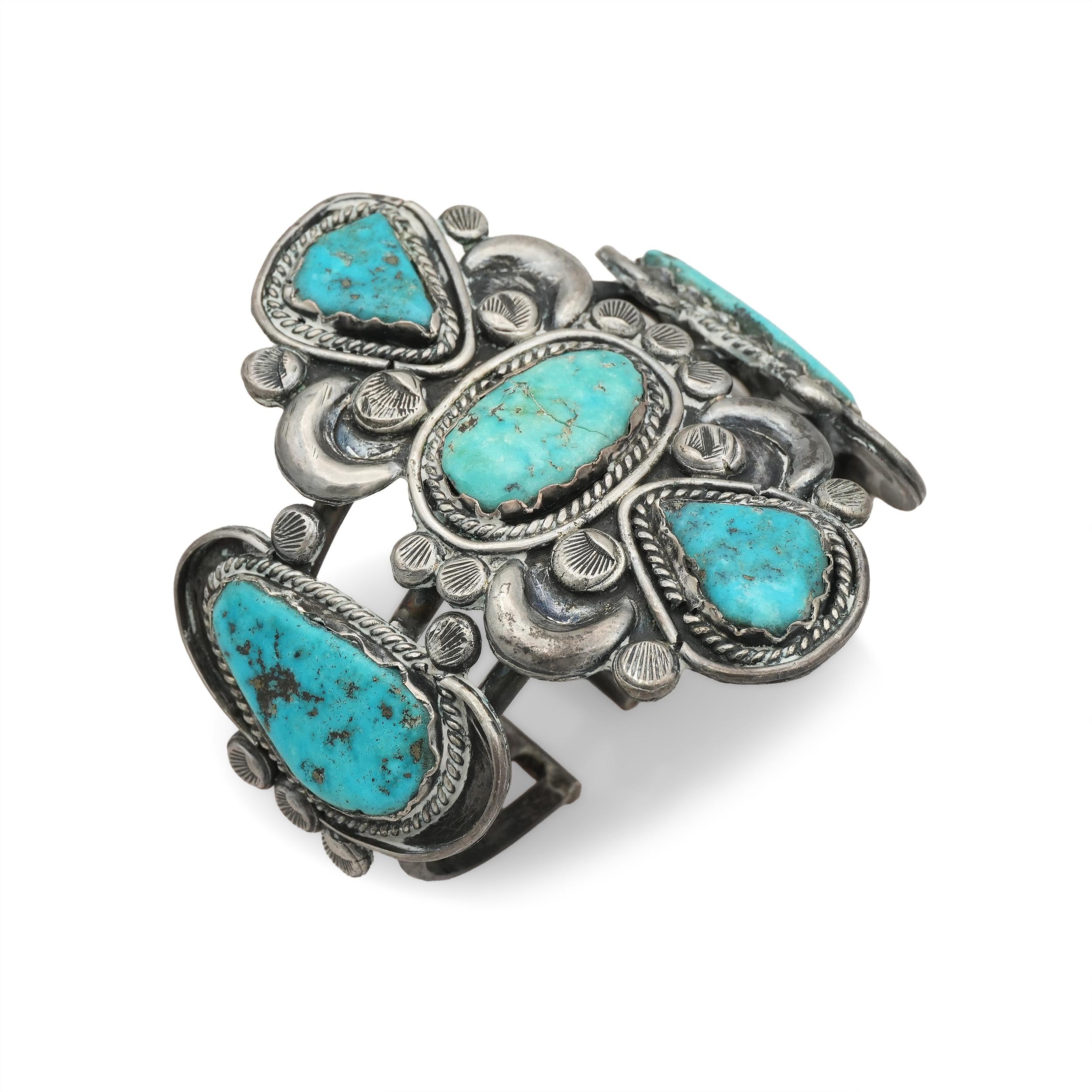 Vintage Navajo 900 Silver Five-Stone Turquoise Cuff Bracelet