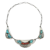 Vintage Sterling Silver Turquoise and Coral Leaf Necklace