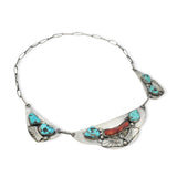 Vintage Sterling Silver Turquoise and Coral Leaf Necklace