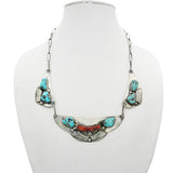 Vintage Sterling Silver Turquoise and Coral Leaf Necklace