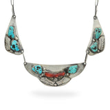 Vintage Sterling Silver Turquoise and Coral Leaf Necklace