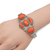 Vintage Sterling Silver Red Coral Hinged Bracelet
