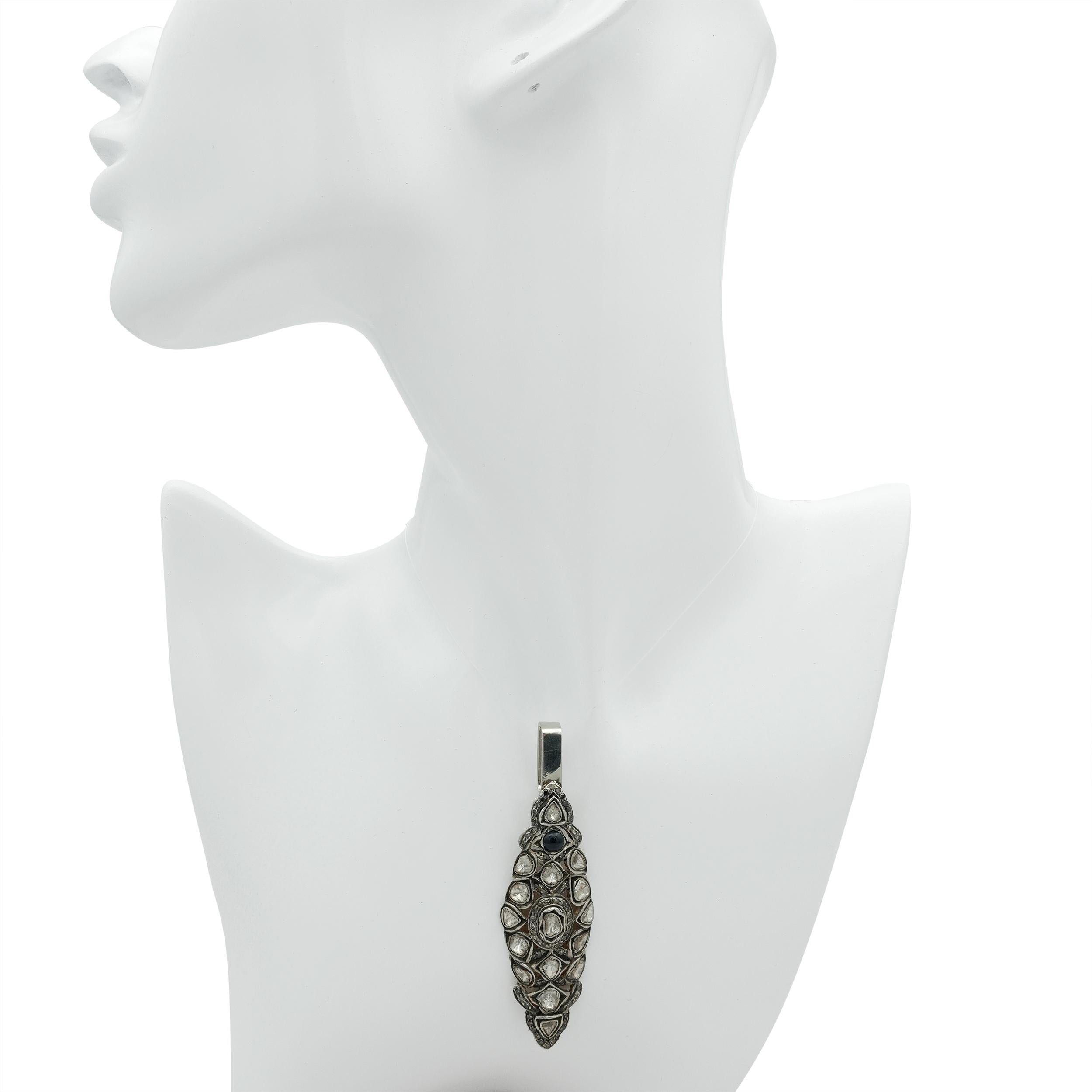 Vintage Polki Diamond and Sapphire Openwork Navette Pendant