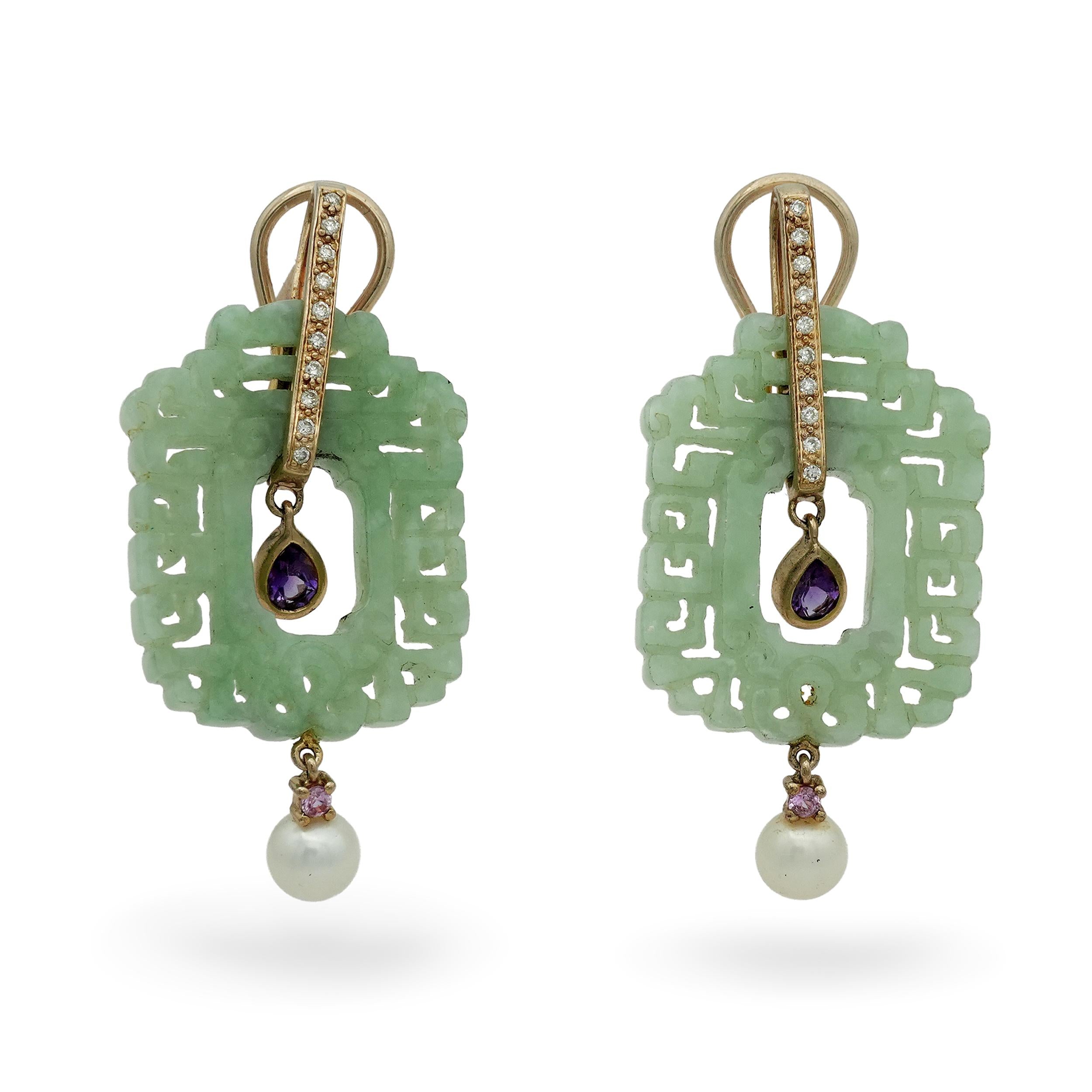 14K Gold Carved Green Jade Multi-Gemstone Pearl Drop Earrings