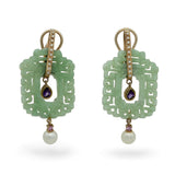 14K Gold Carved Green Jade Multi-Gemstone Pearl Drop Earrings