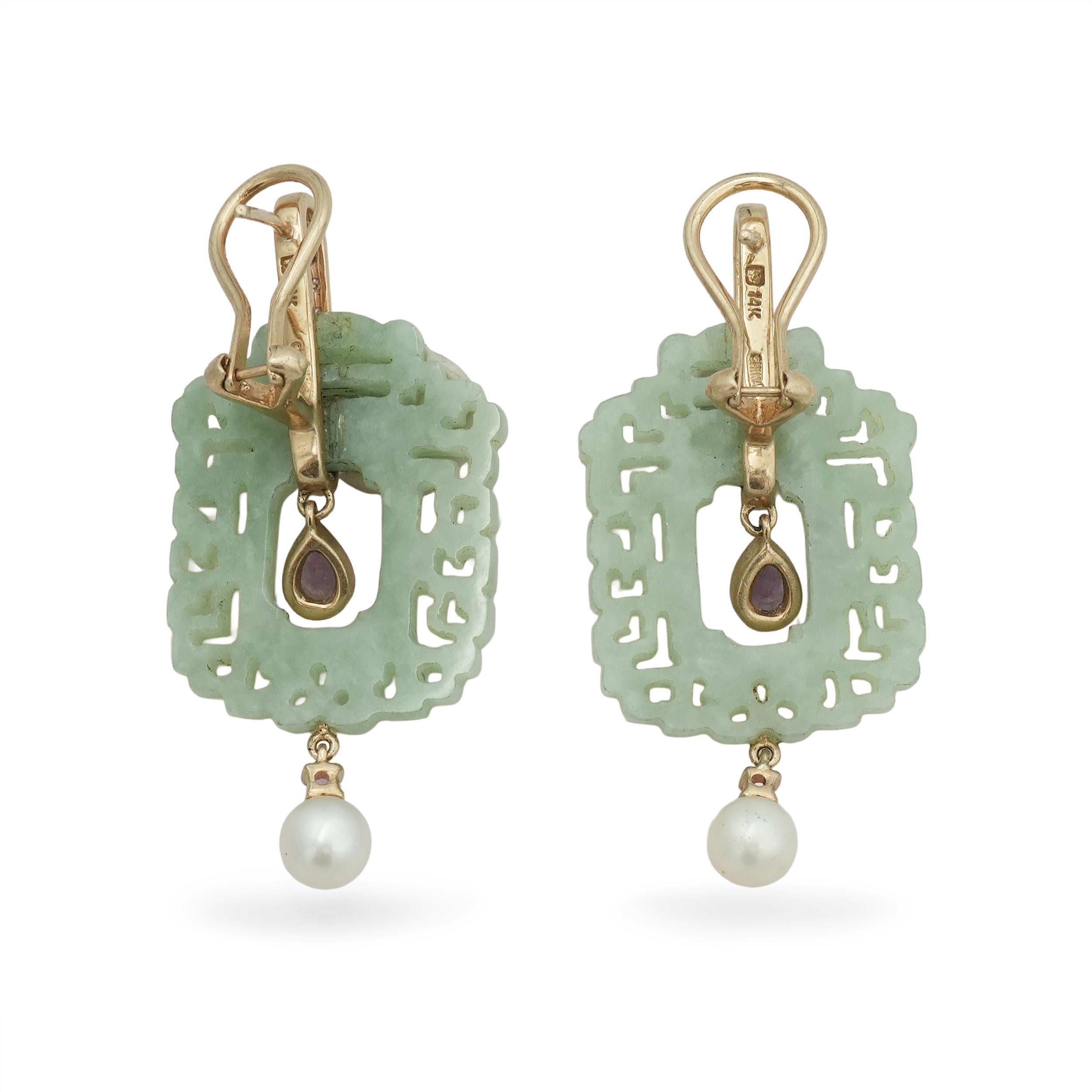 14K Gold Carved Green Jade Multi-Gemstone Pearl Drop Earrings