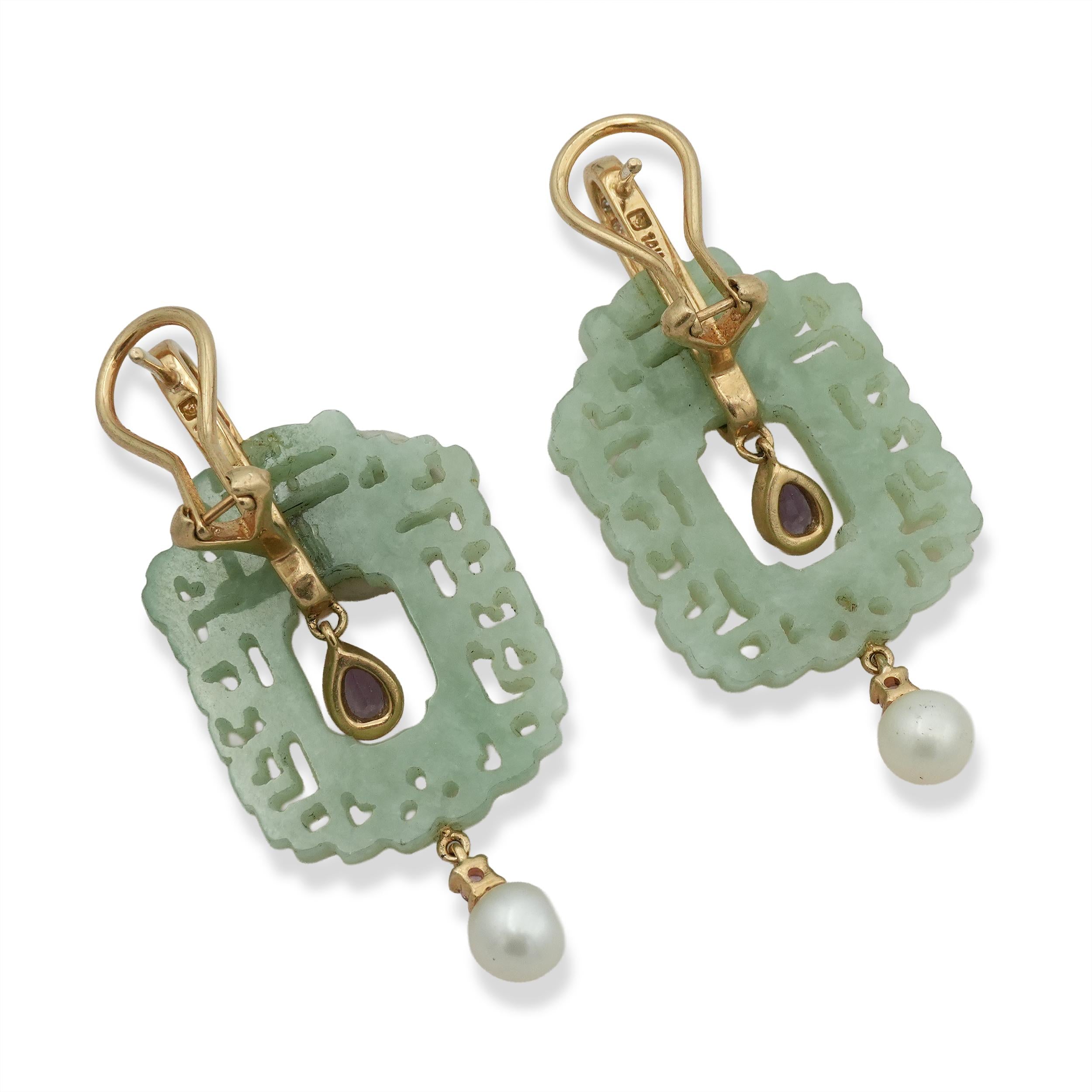 14K Gold Carved Green Jade Multi-Gemstone Pearl Drop Earrings