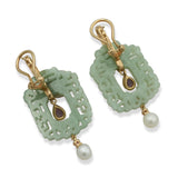 14K Gold Carved Green Jade Multi-Gemstone Pearl Drop Earrings