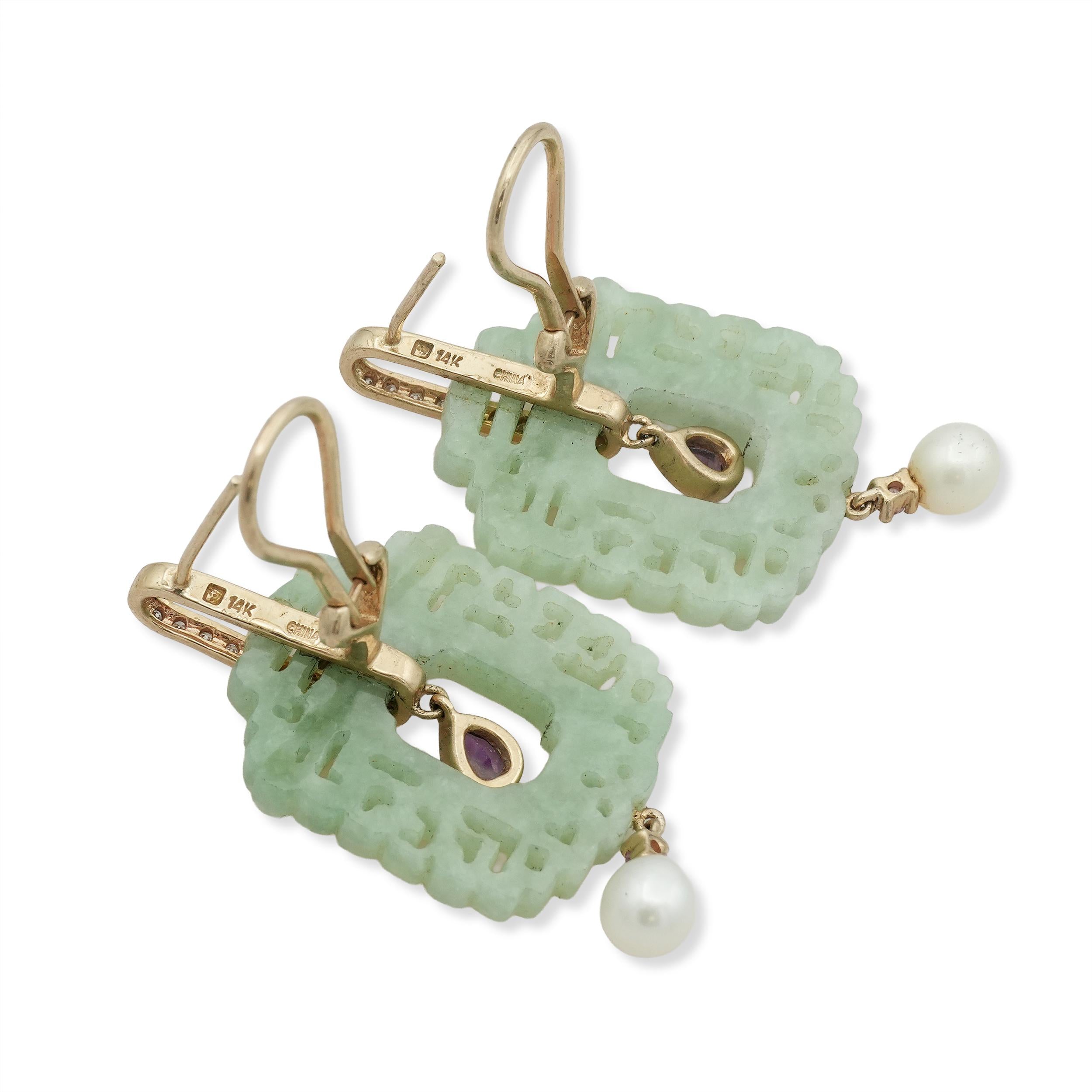 14K Gold Carved Green Jade Multi-Gemstone Pearl Drop Earrings