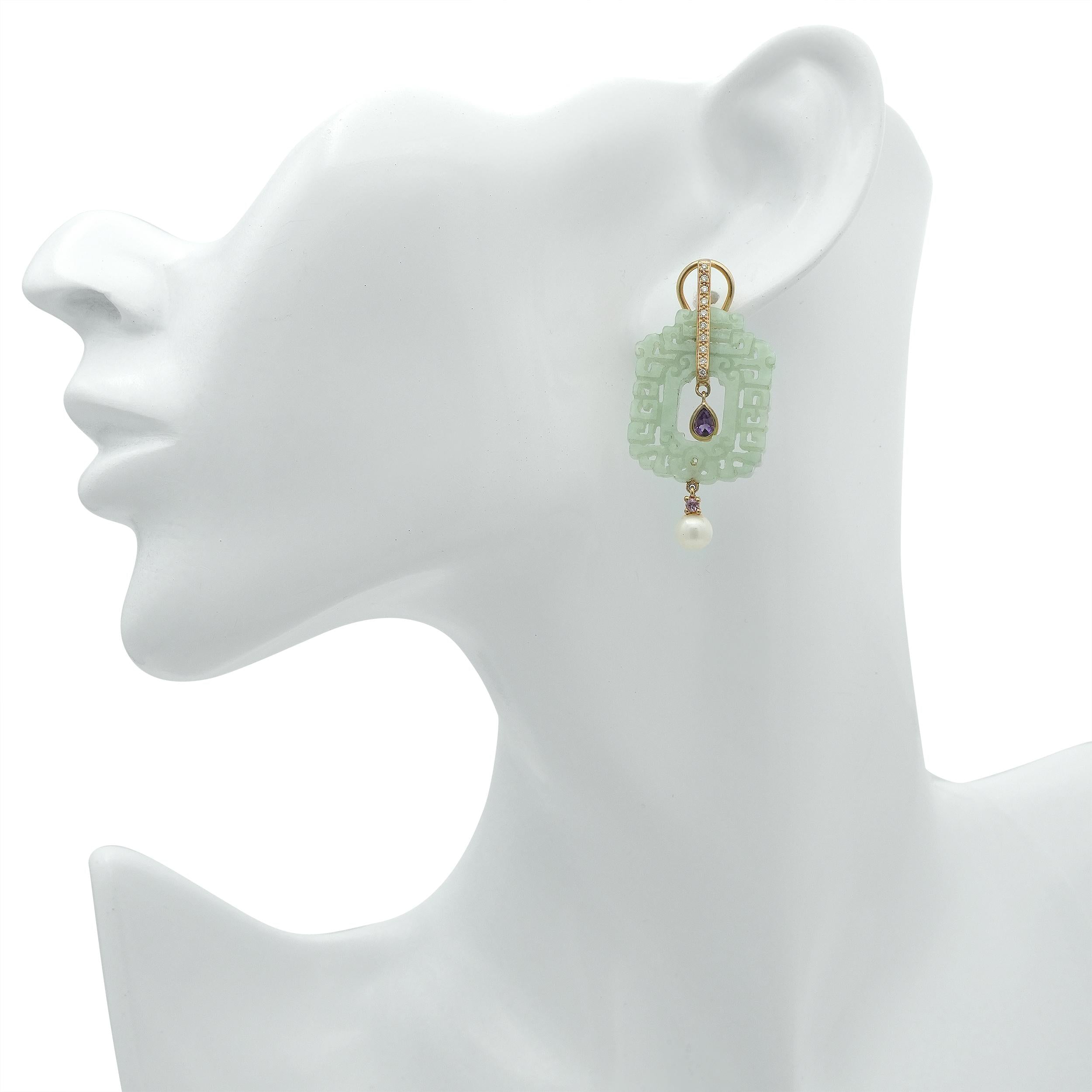 14K Gold Carved Green Jade Multi-Gemstone Pearl Drop Earrings
