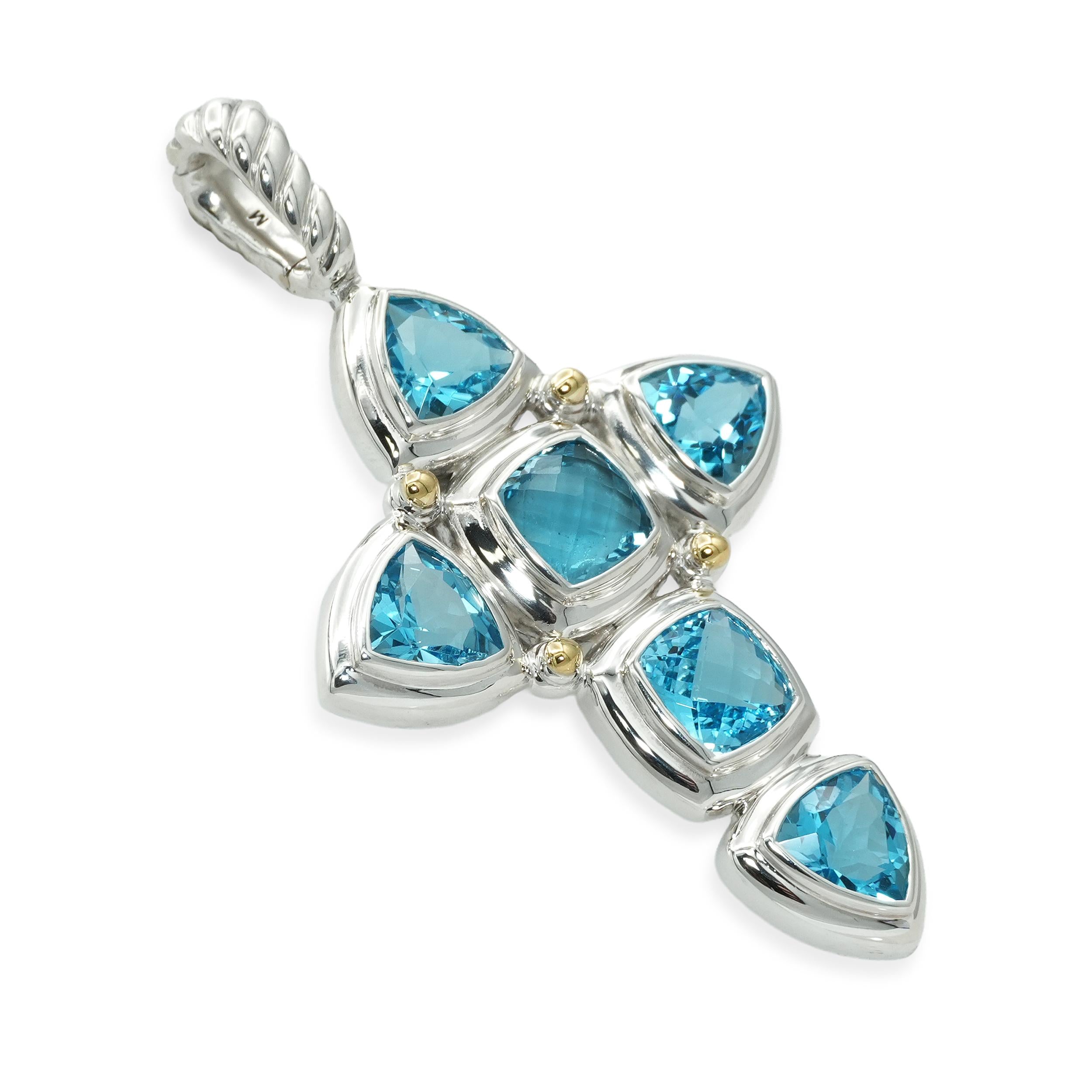 David Yurman Sterling Silver 18K Yellow Gold Blue Topaz Cross Pendant