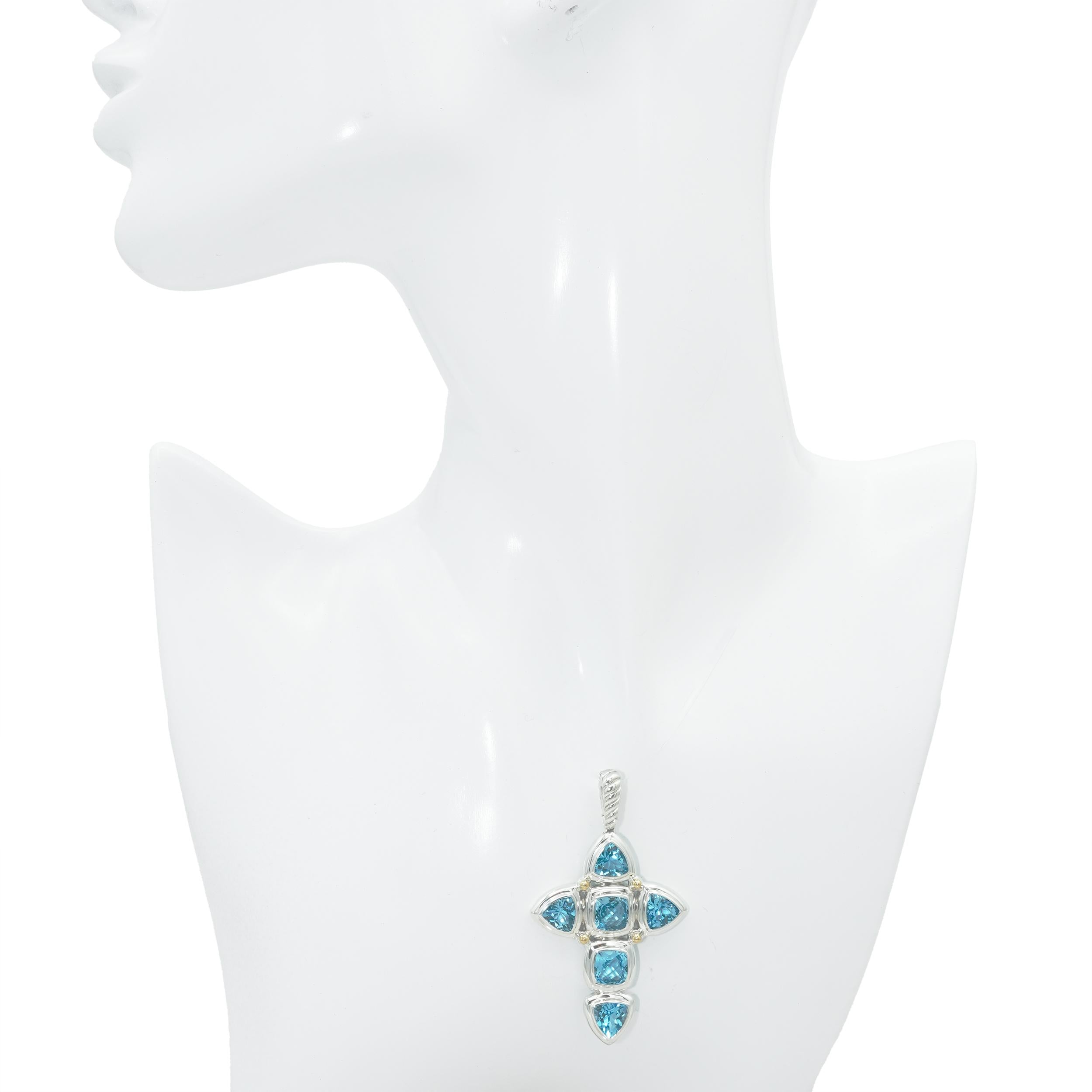 David Yurman Sterling Silver 18K Yellow Gold Blue Topaz Cross Pendant