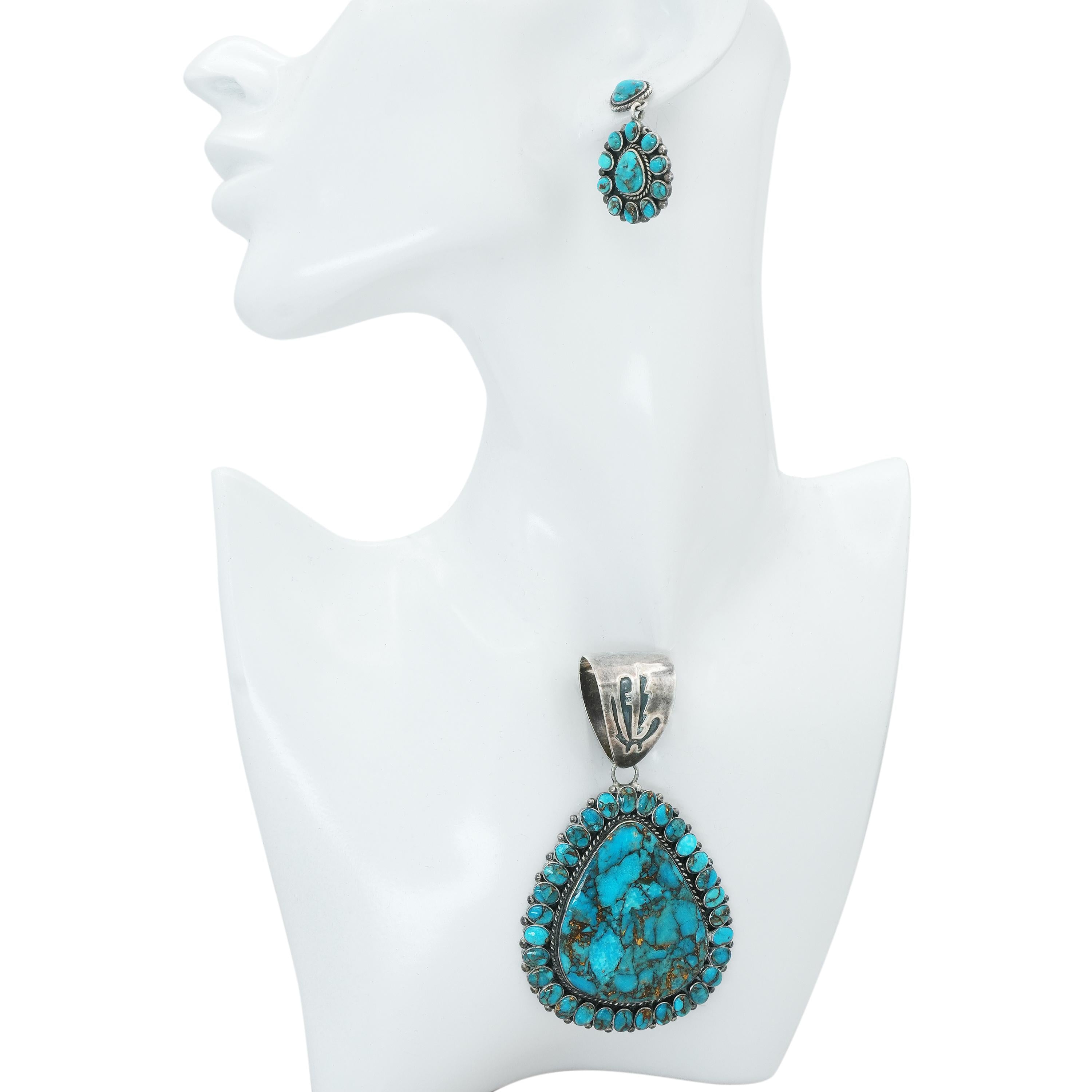 Vintage Sterling Silver Turquoise Pendant & Drop Earrings Set