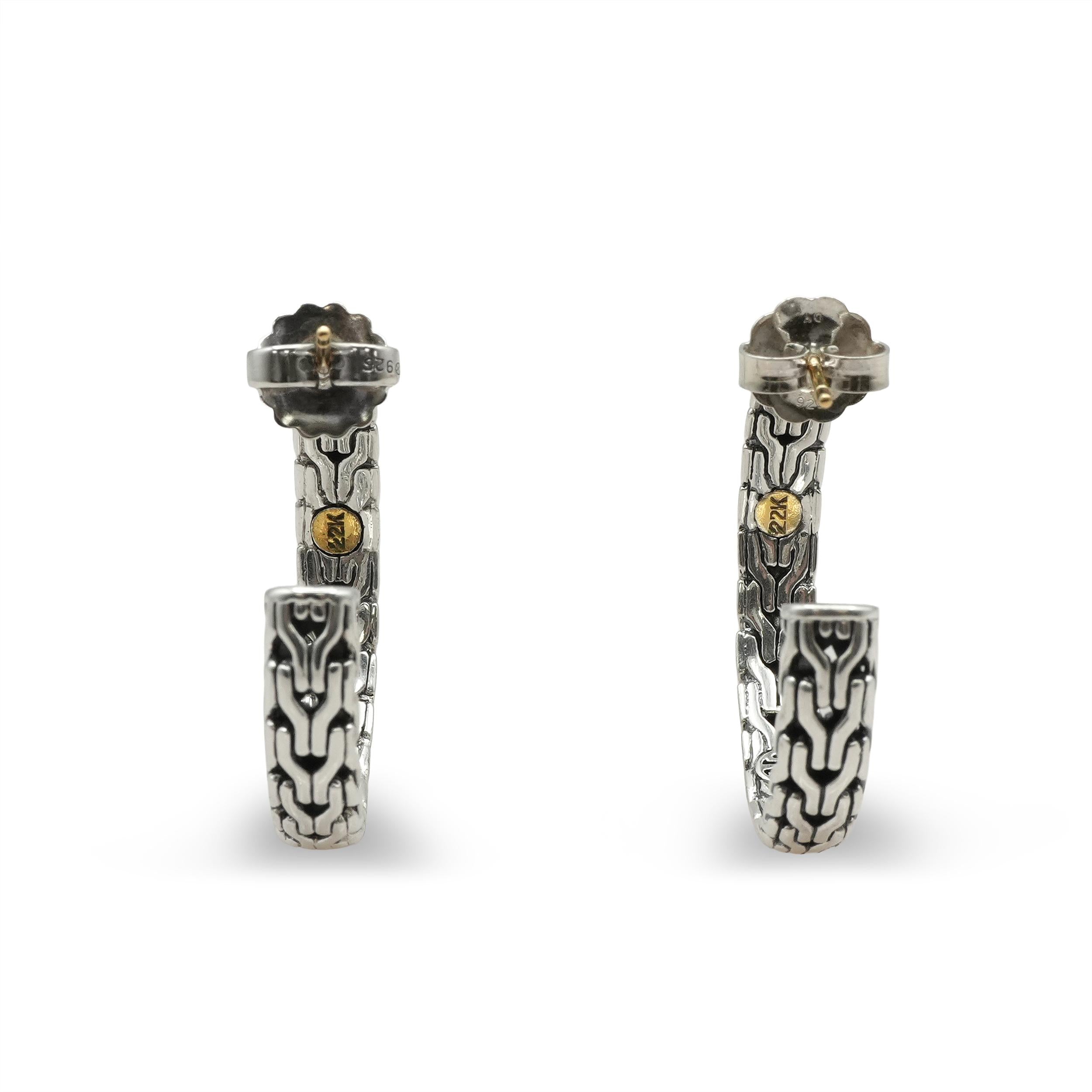John Hardy Sterling Silver and 22k Yellow Gold Textured Hoop Earrings