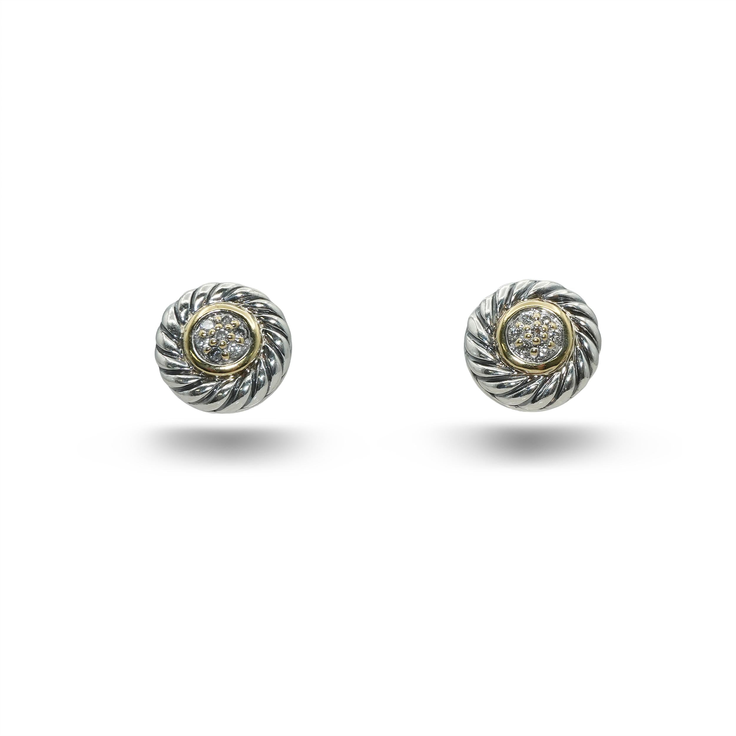 David Yurman Sterling Silver 18K Yellow Gold Diamond Cookie Earrings