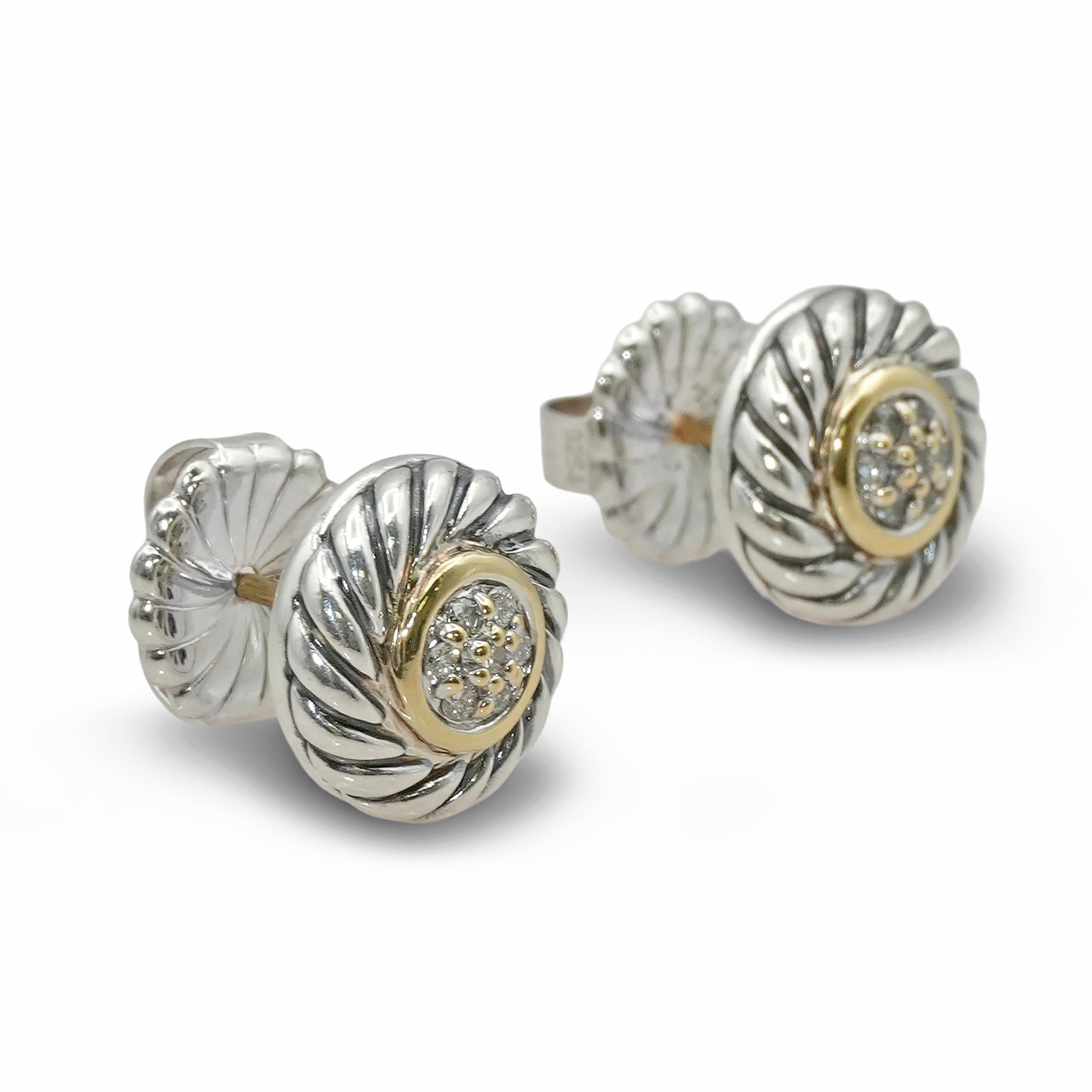 David Yurman Sterling Silver 18K Yellow Gold Diamond Cookie Earrings