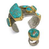 Vintage Southwestern Sterling Silver 18K Gold Turquoise Cuff Bracelet & Ring