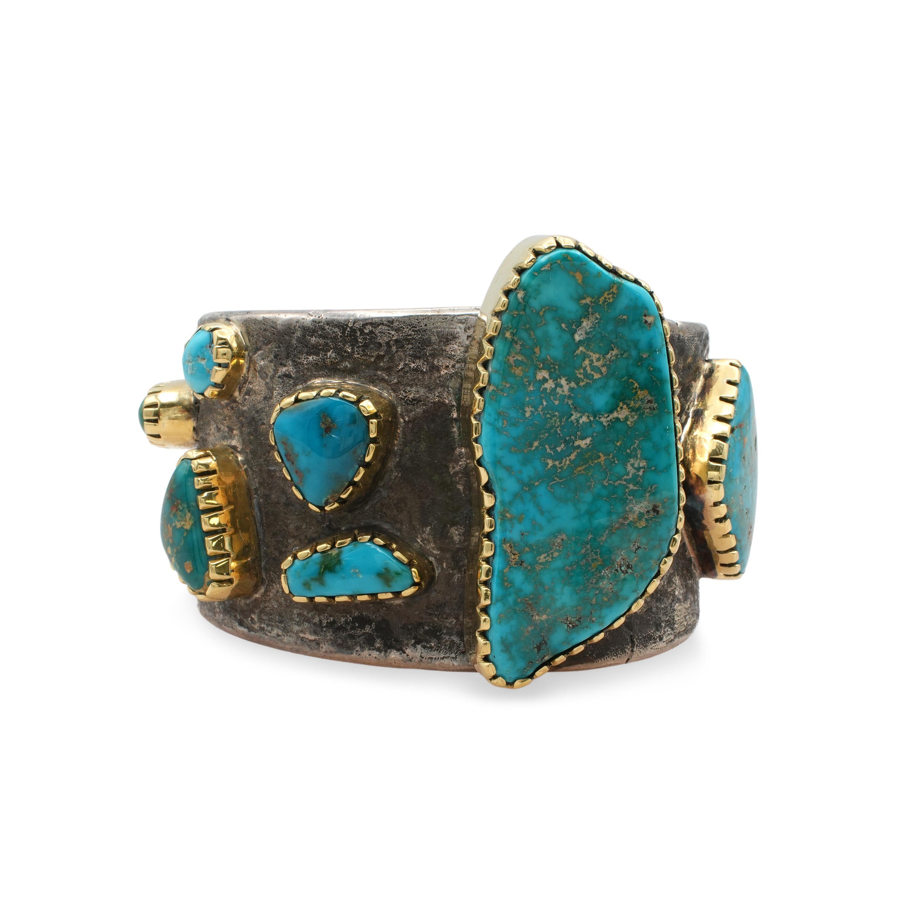 Vintage Southwestern Sterling Silver 18K Gold Turquoise Cuff Bracelet & Ring