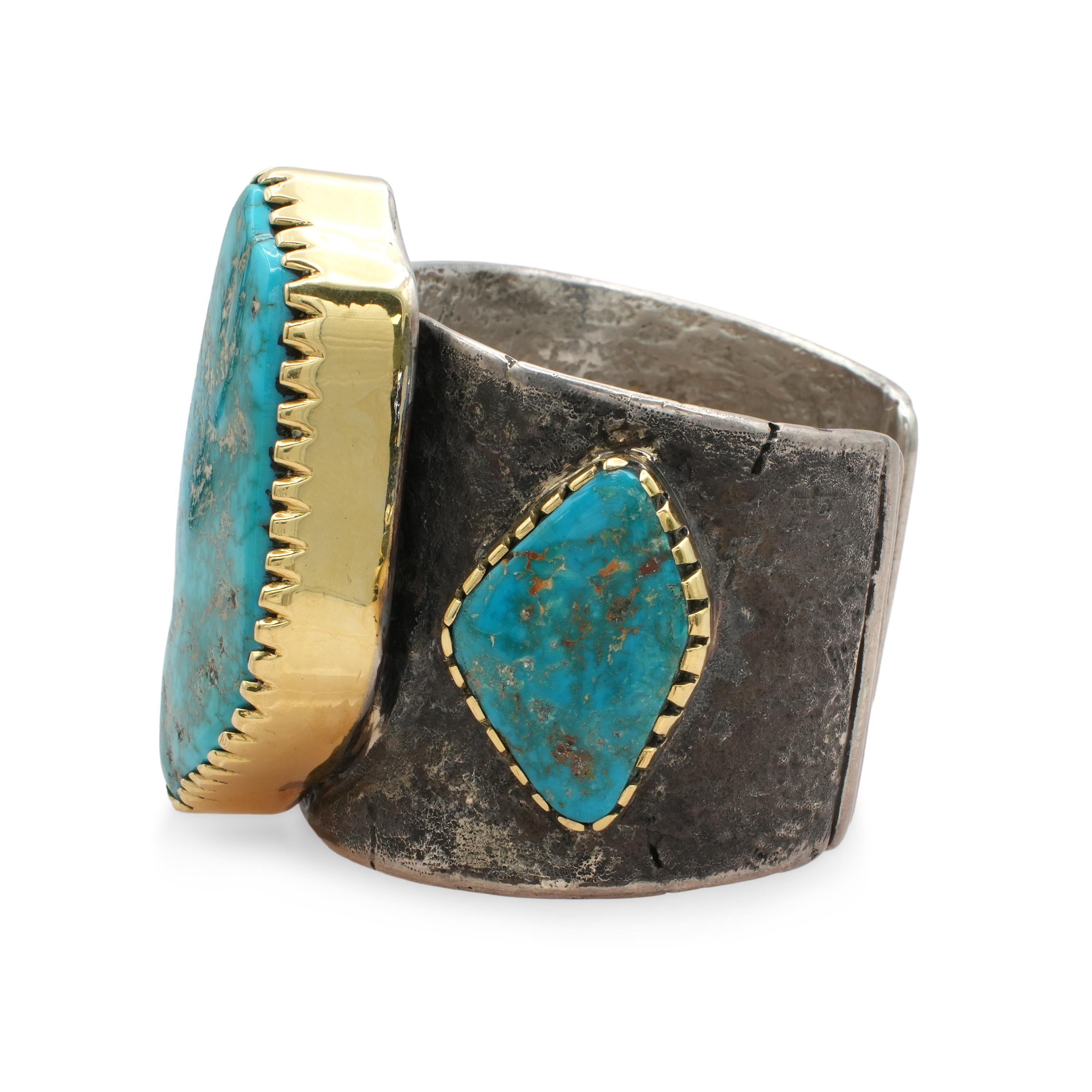 Vintage Southwestern Sterling Silver 18K Gold Turquoise Cuff Bracelet & Ring