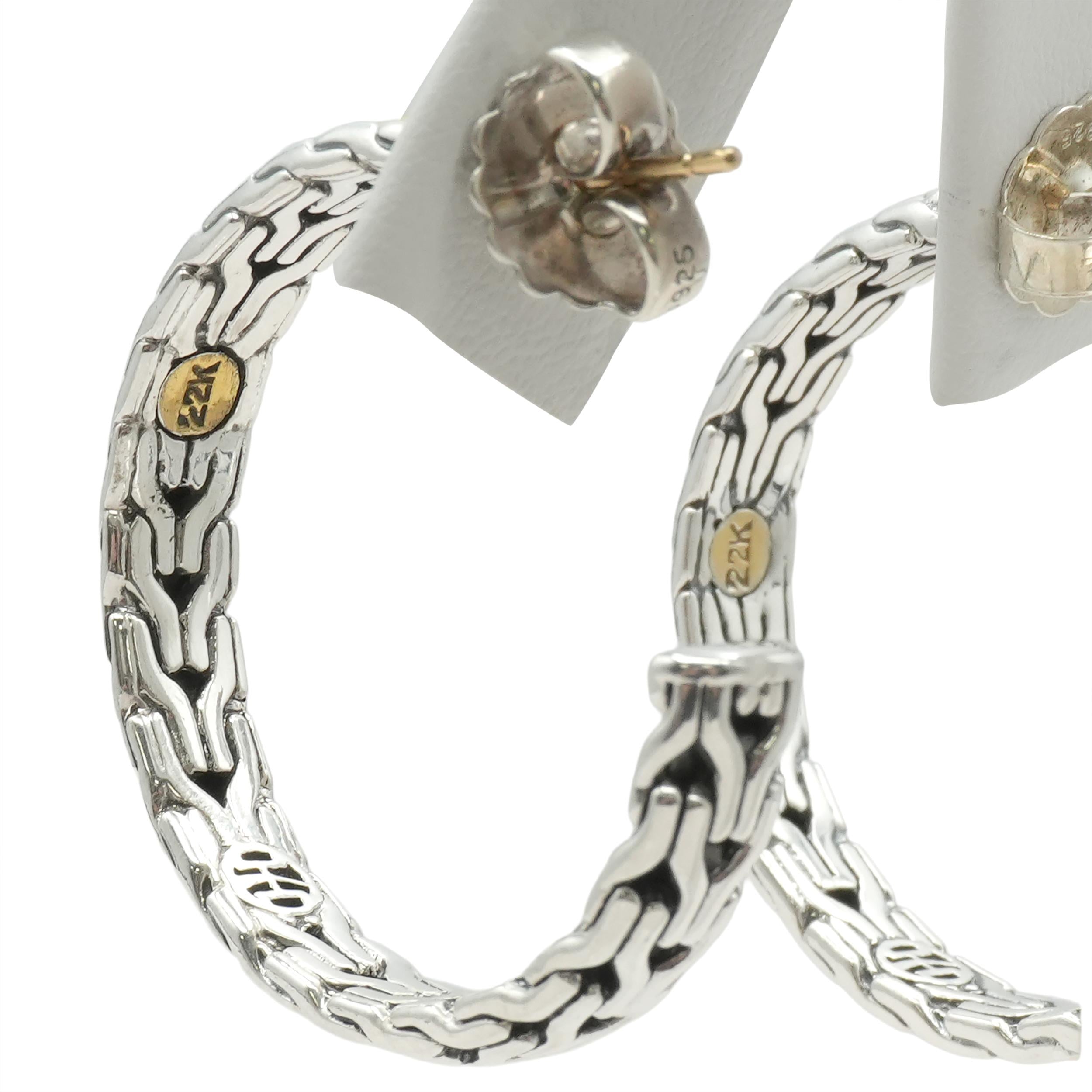 John Hardy Sterling Silver and 22k Yellow Gold Textured Hoop Earrings