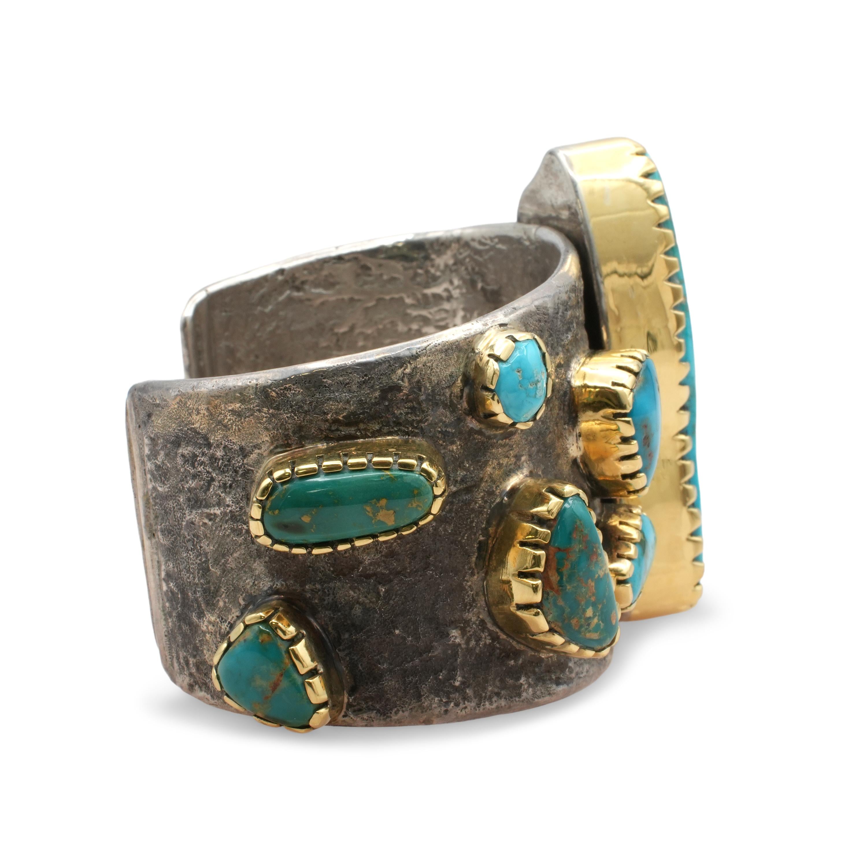 Vintage Southwestern Sterling Silver 18K Gold Turquoise Cuff Bracelet & Ring