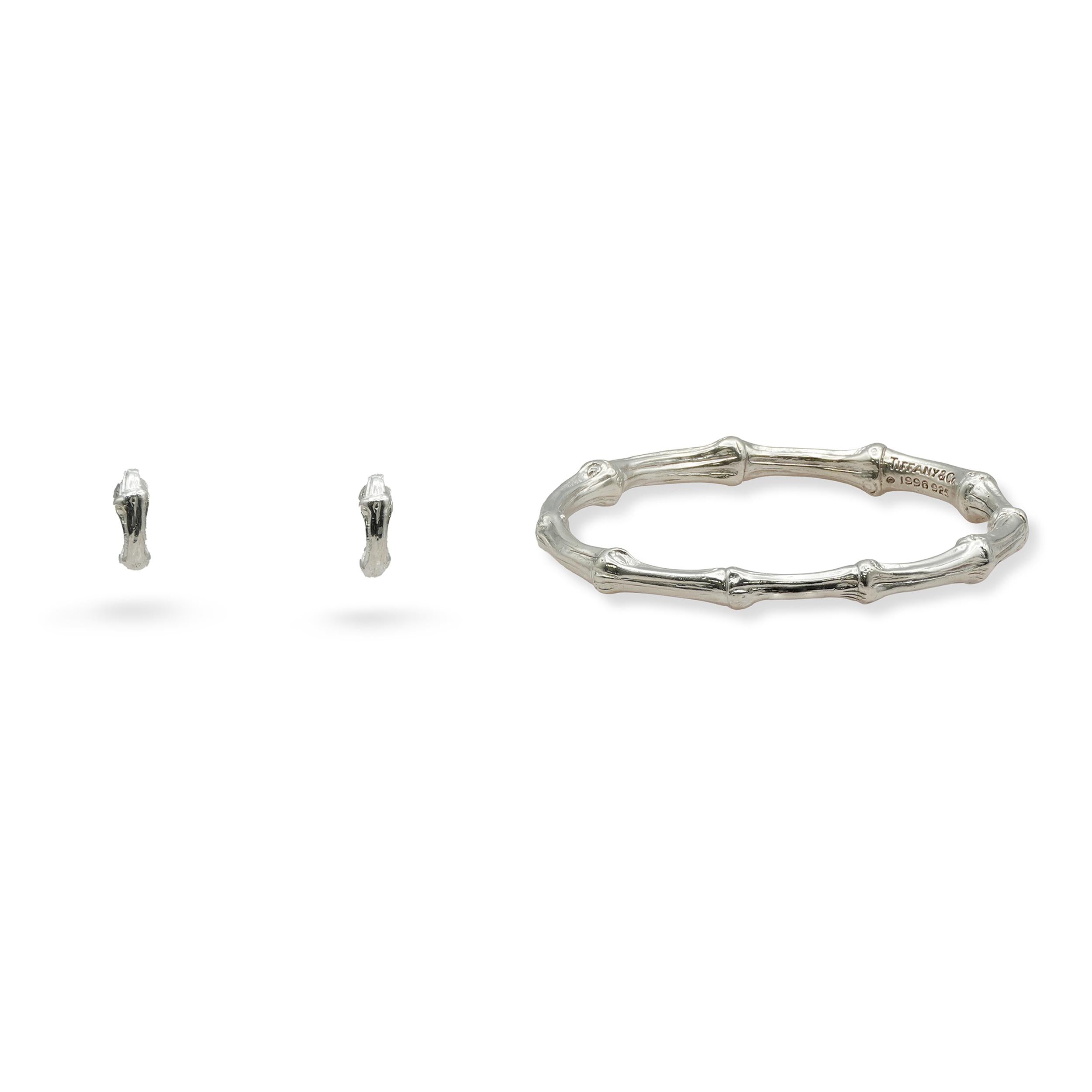 Tiffany & Co. 1996 Sterling Silver Bamboo Bracelet and Earrings Set