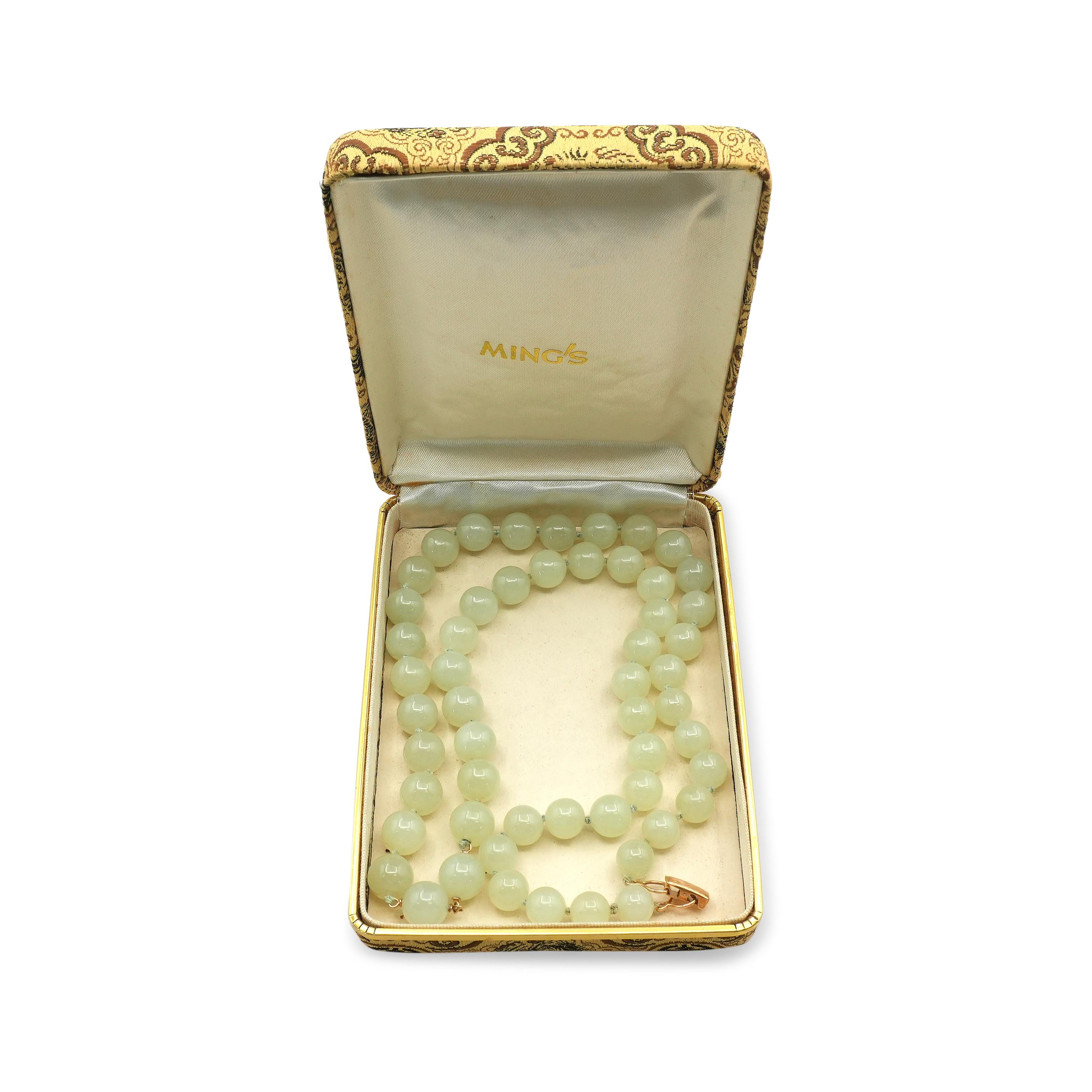 Vintage Ming’s 14K Gold Nephrite Jade Beaded Necklace