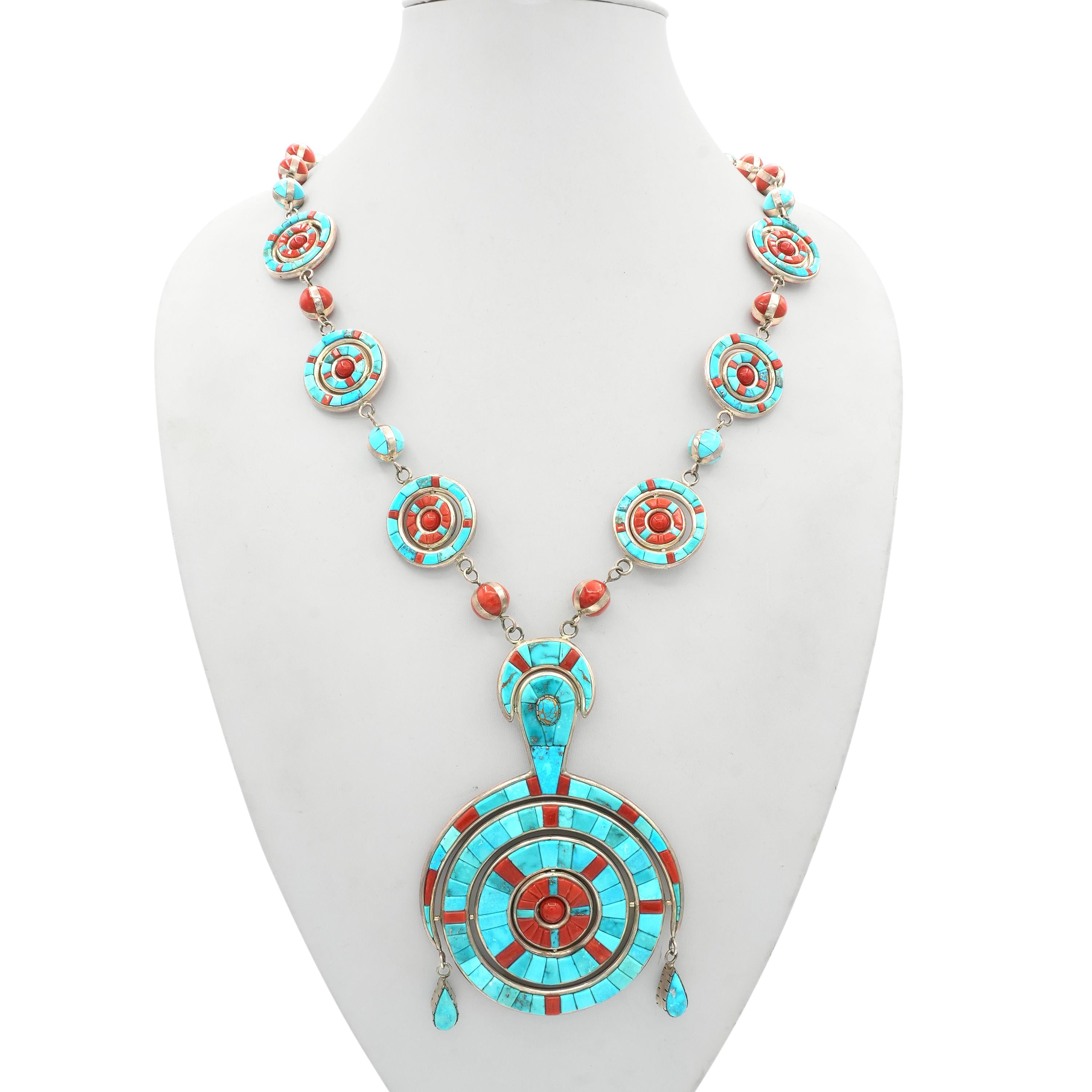 Causandra Dukepoo Silver Reversible Turquoise Coral Necklace & Earrings Set