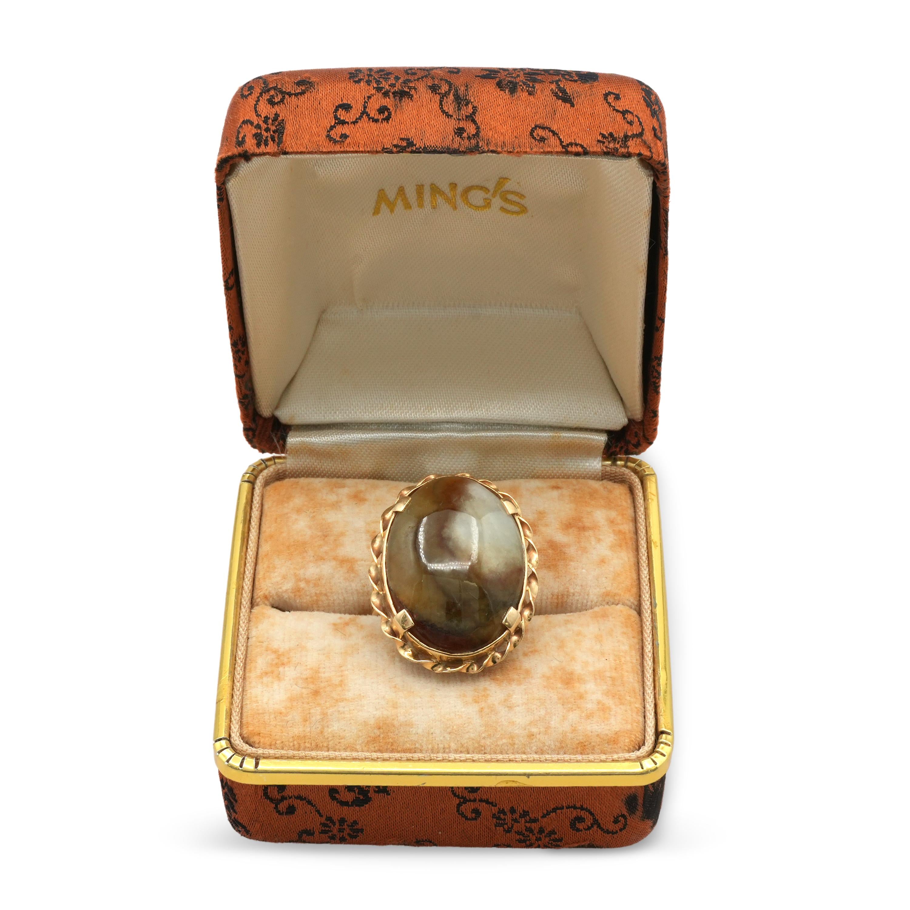 Vintage Ming’s 14K Gold Brown Jade Cabochon Ring