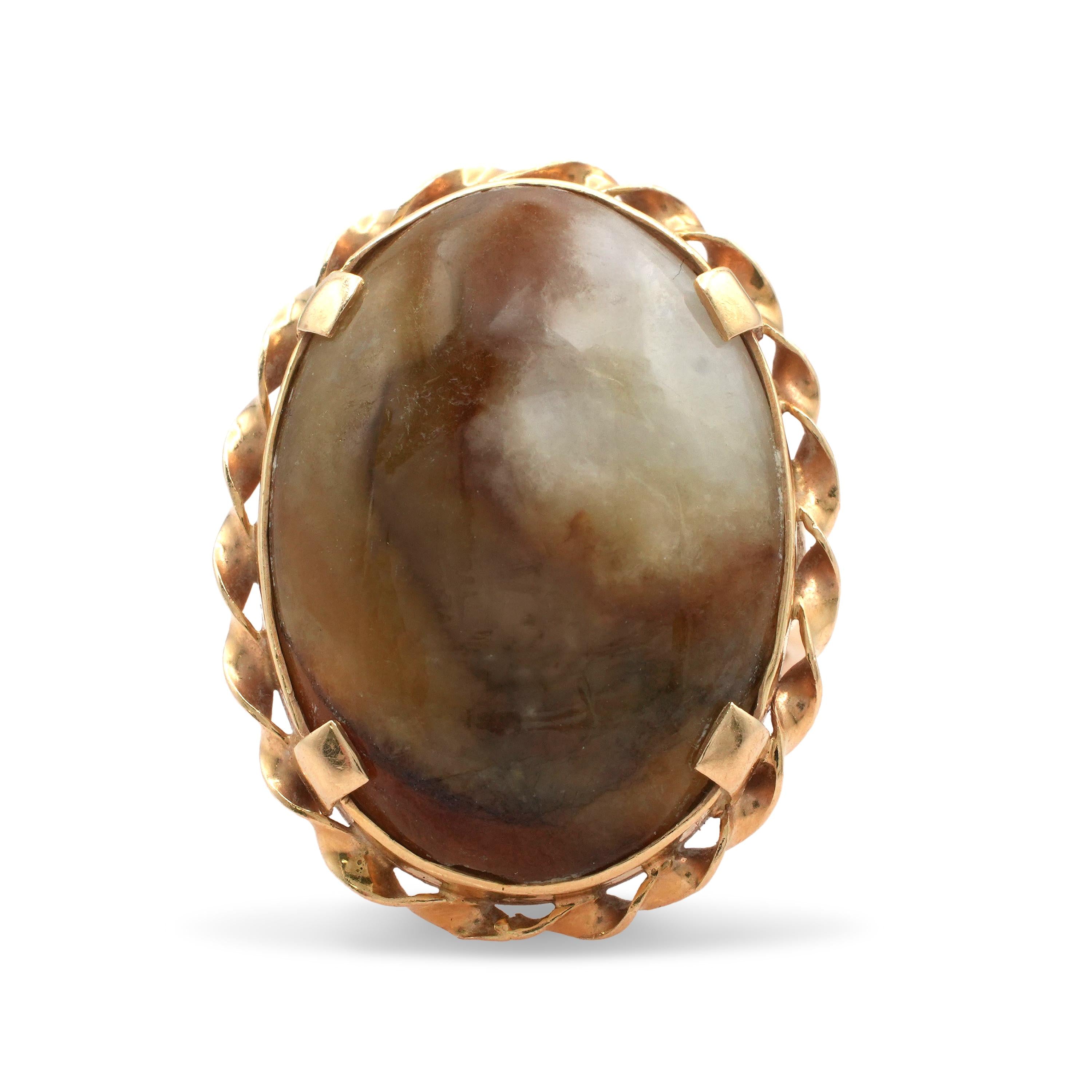 Vintage Ming’s 14K Gold Brown Jade Cabochon Ring