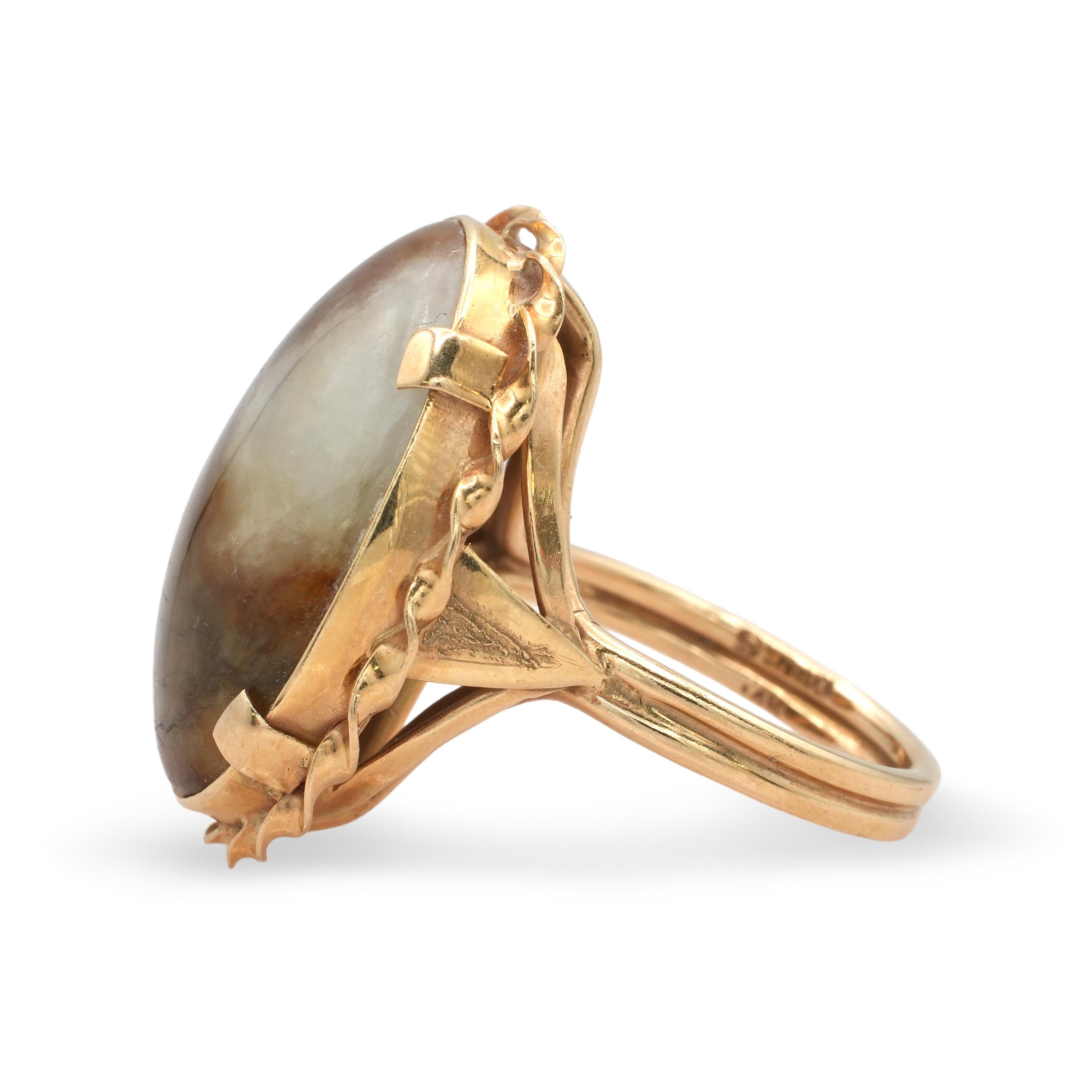 Vintage Ming’s 14K Gold Brown Jade Cabochon Ring