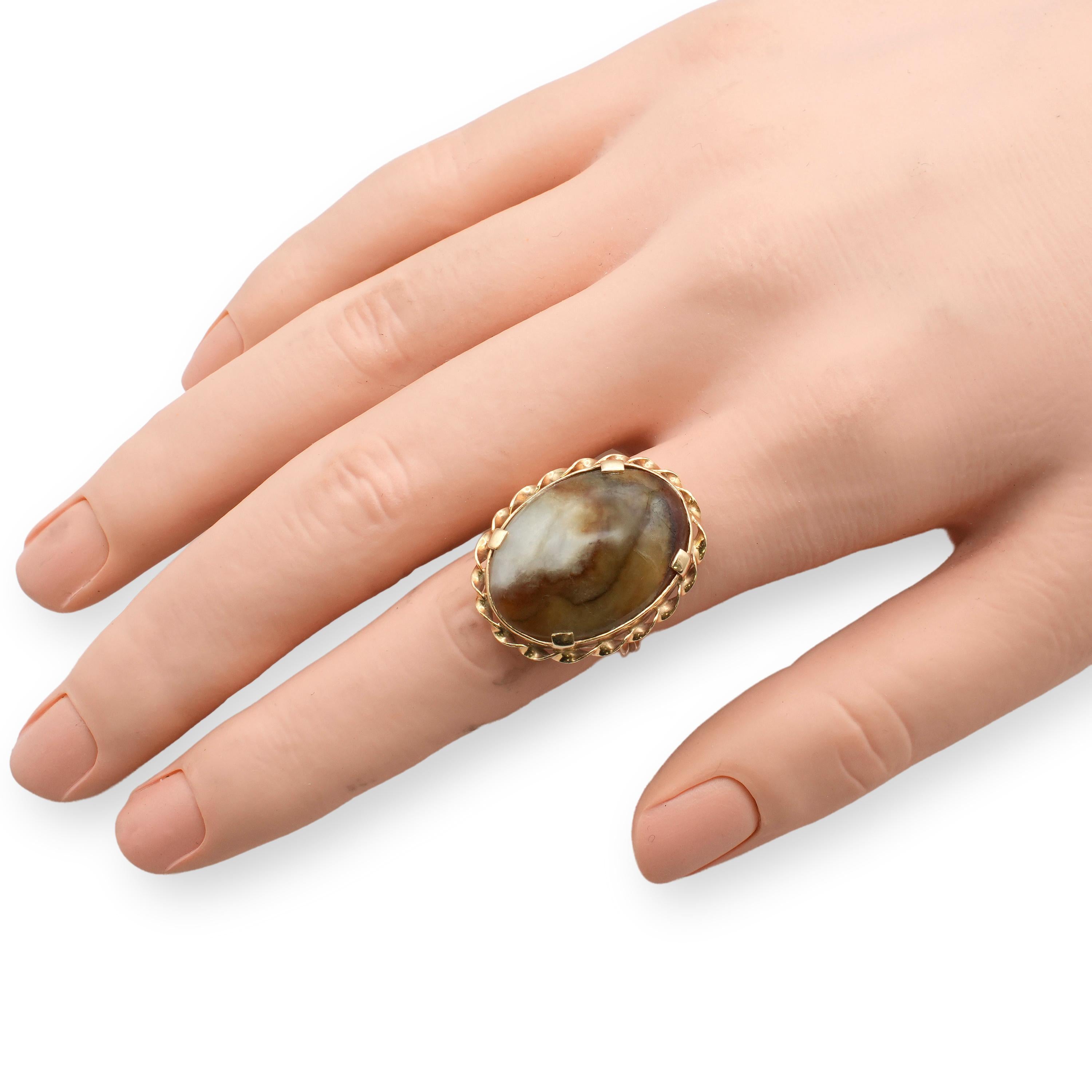 Vintage Ming’s 14K Gold Brown Jade Cabochon Ring