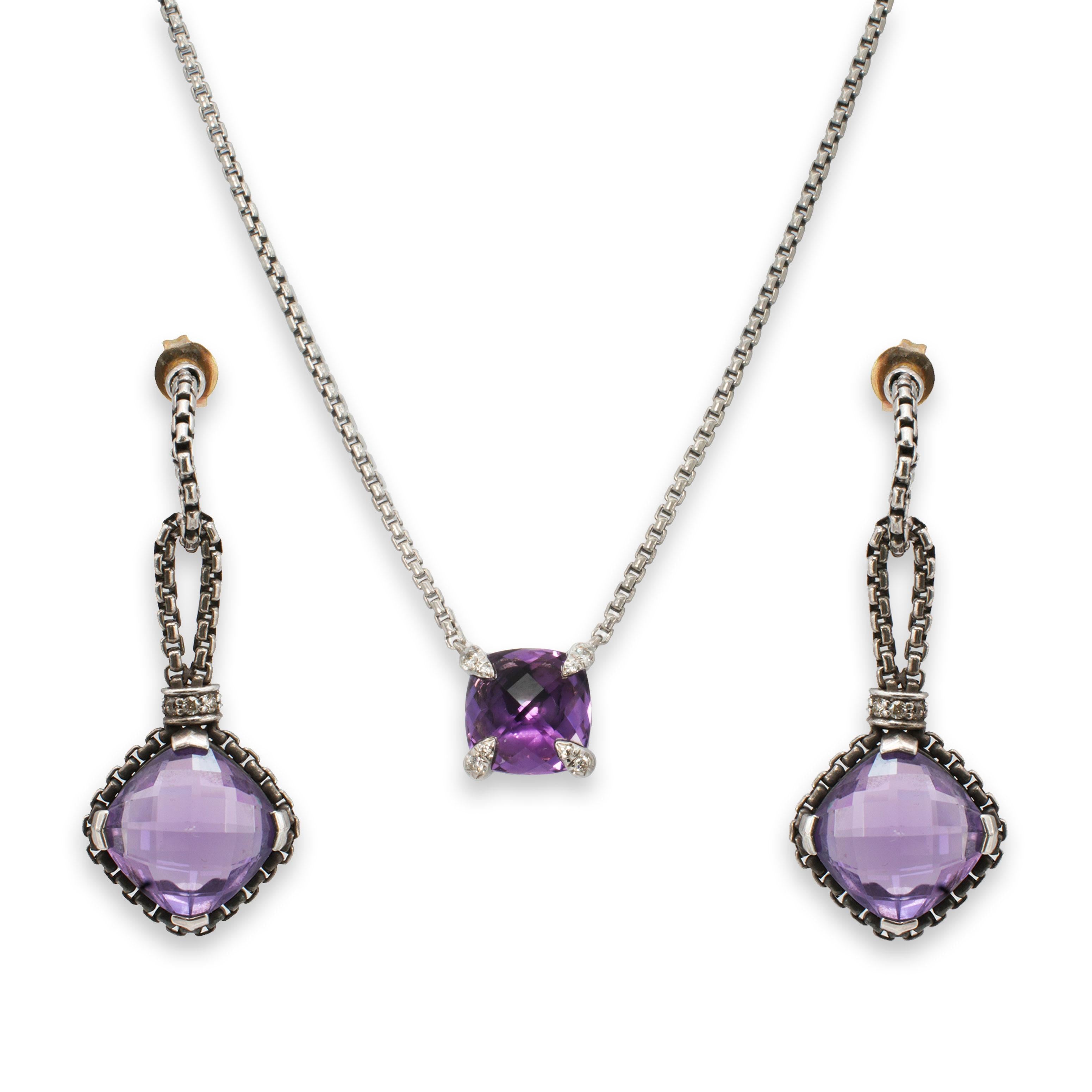 David Yurman Sterling Silver Amethyst and Pave Diamond Necklace & Earring Set