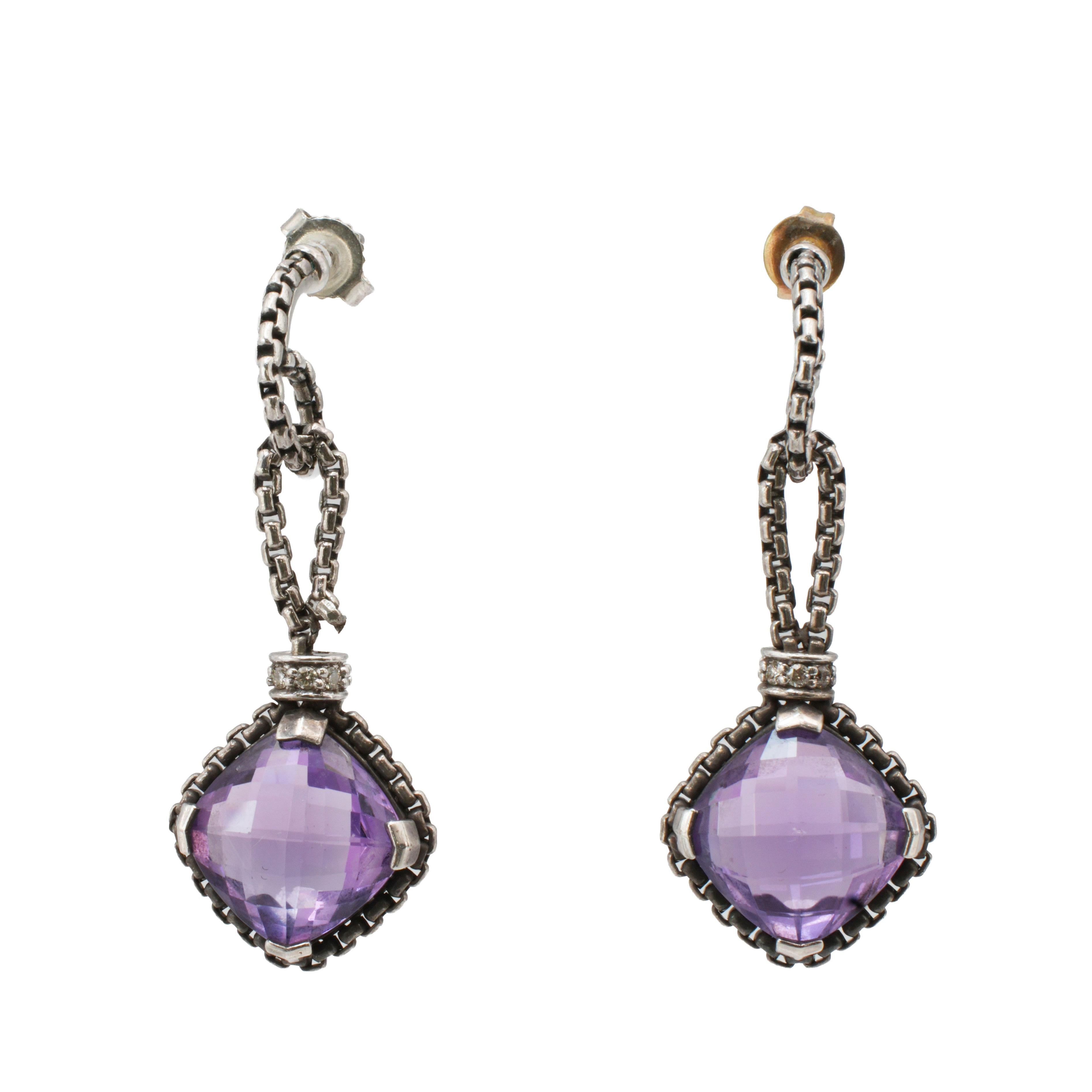 David Yurman Sterling Silver Amethyst and Pave Diamond Necklace & Earring Set