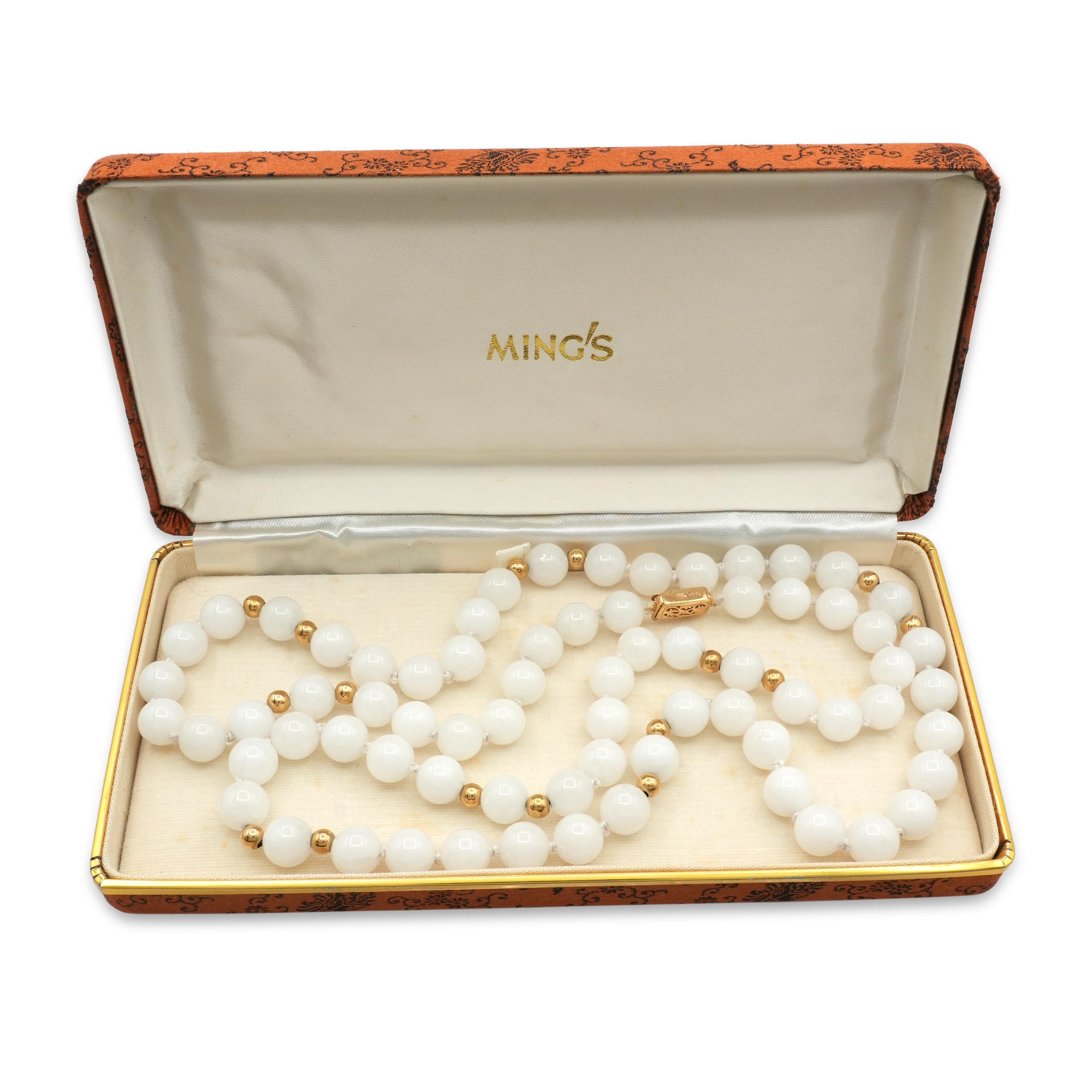 Vintage Ming’s 14K Yellow Gold White Jadeite Beaded Necklace