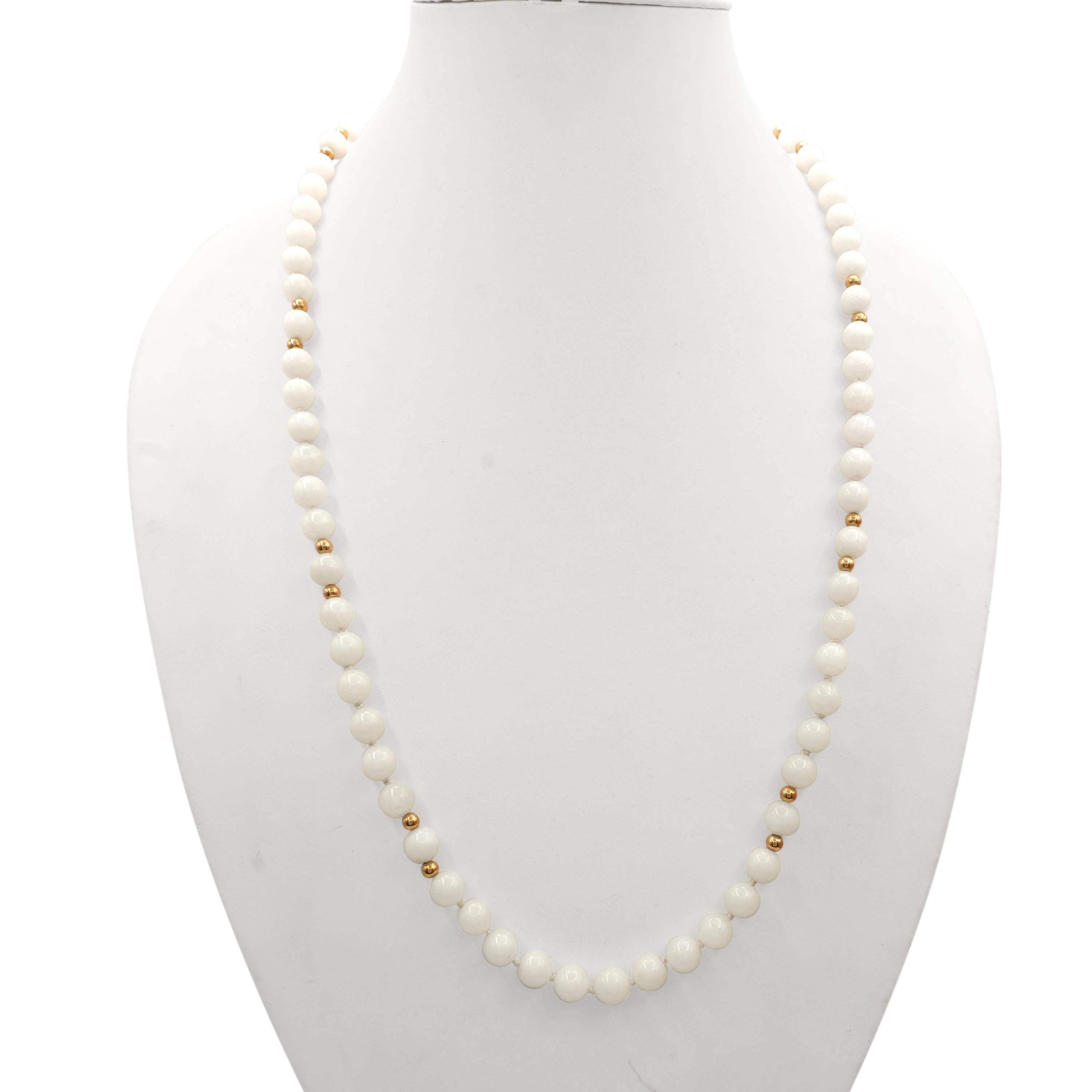 Vintage Ming’s 14K Yellow Gold White Jadeite Beaded Necklace
