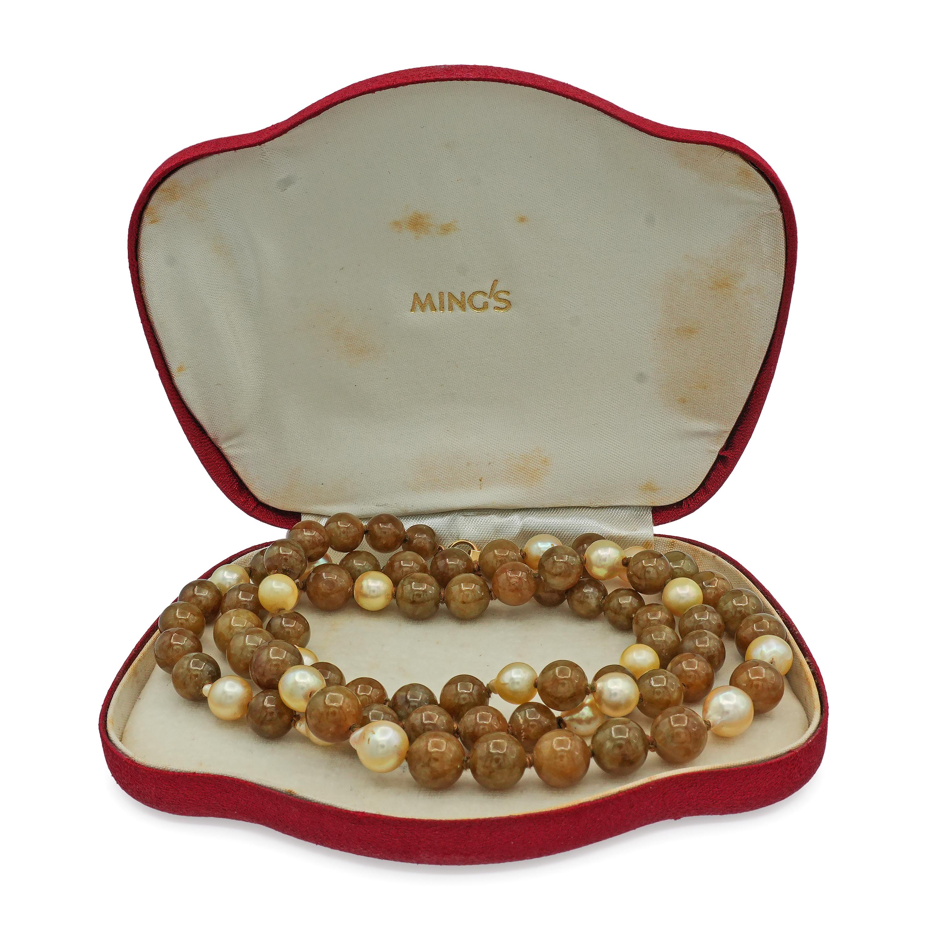 Vintage Ming’s Jade and Pearl 14K Gold Beaded Necklace